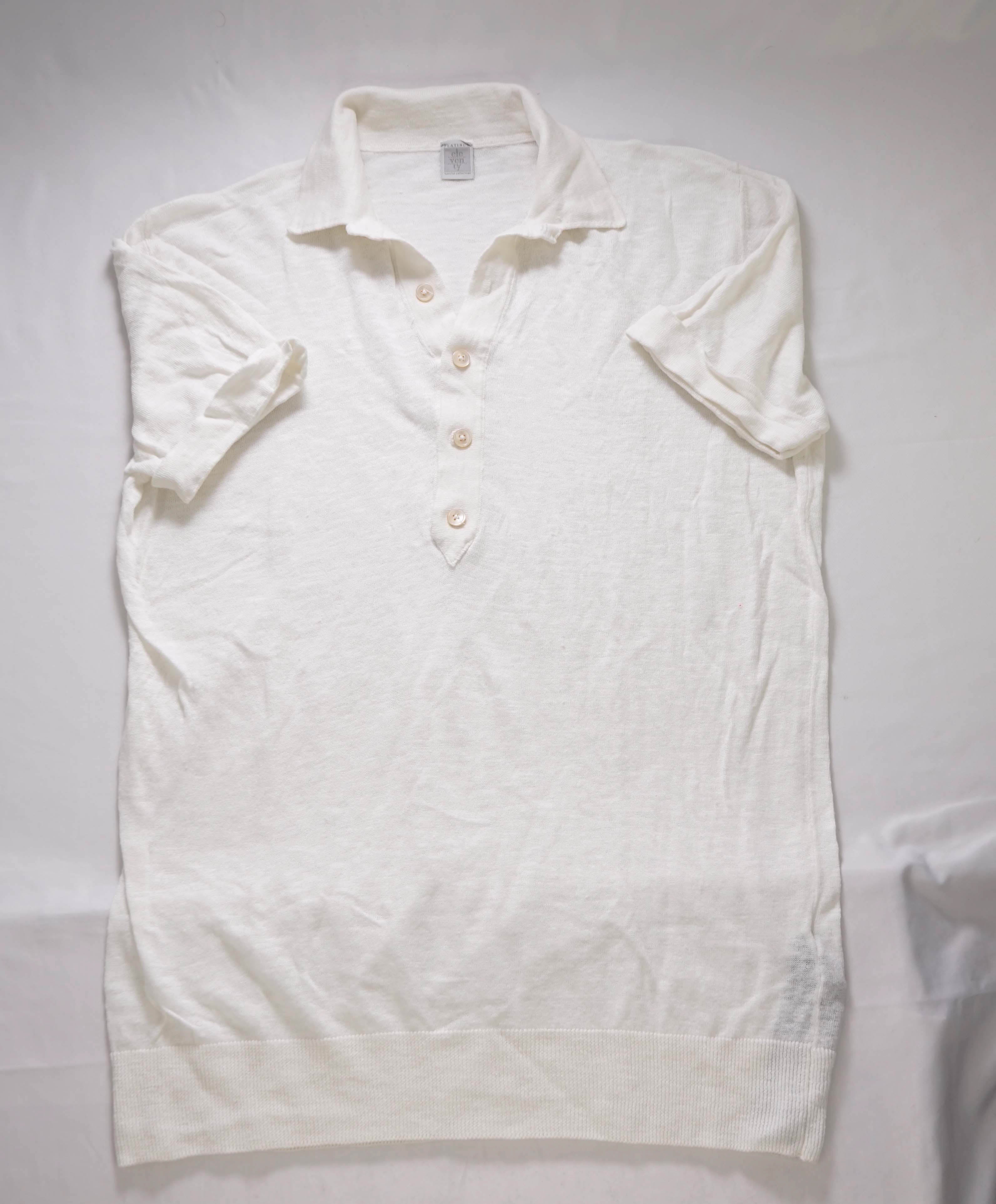 $495 ELEVENTY - Linen/Cotton White Sweater Polo Short Sleeve T - M