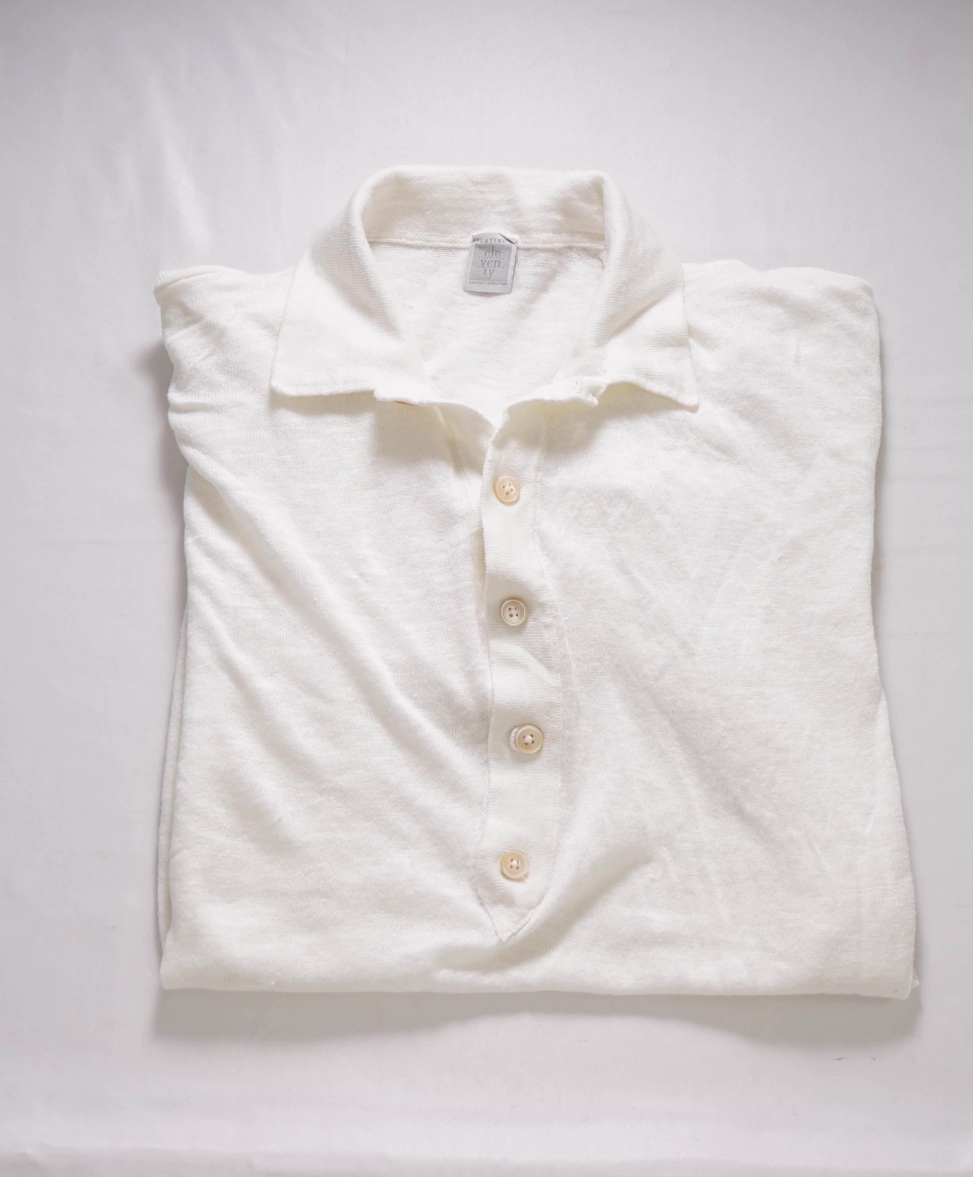 $495 ELEVENTY - Linen/Cotton White Sweater Polo Short Sleeve T - M