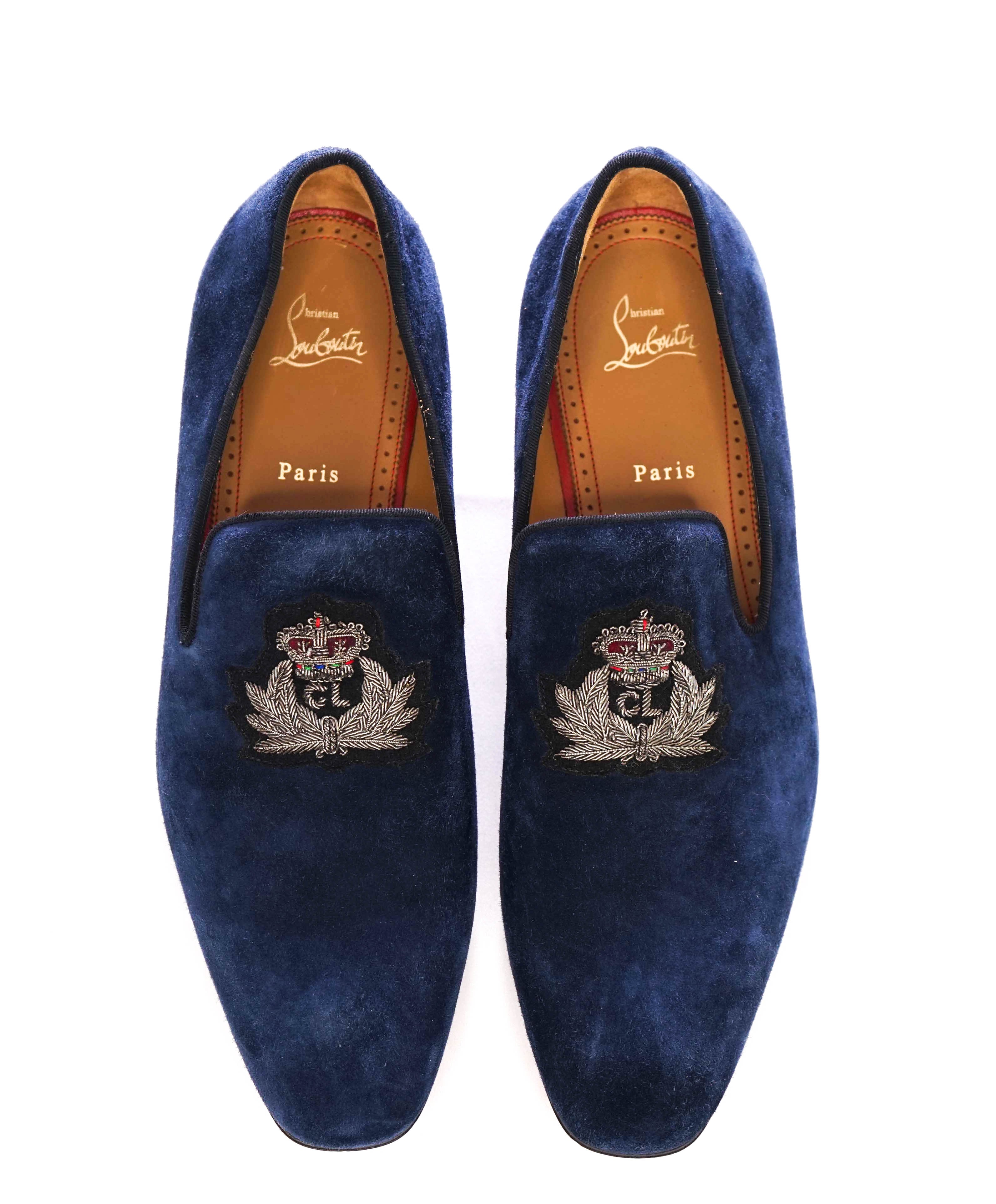 $1,250 CHRISTIAN LOUBOUTIN - *Colonnaki* Blue Suede LOGO Loafers - 12 US (45EU)