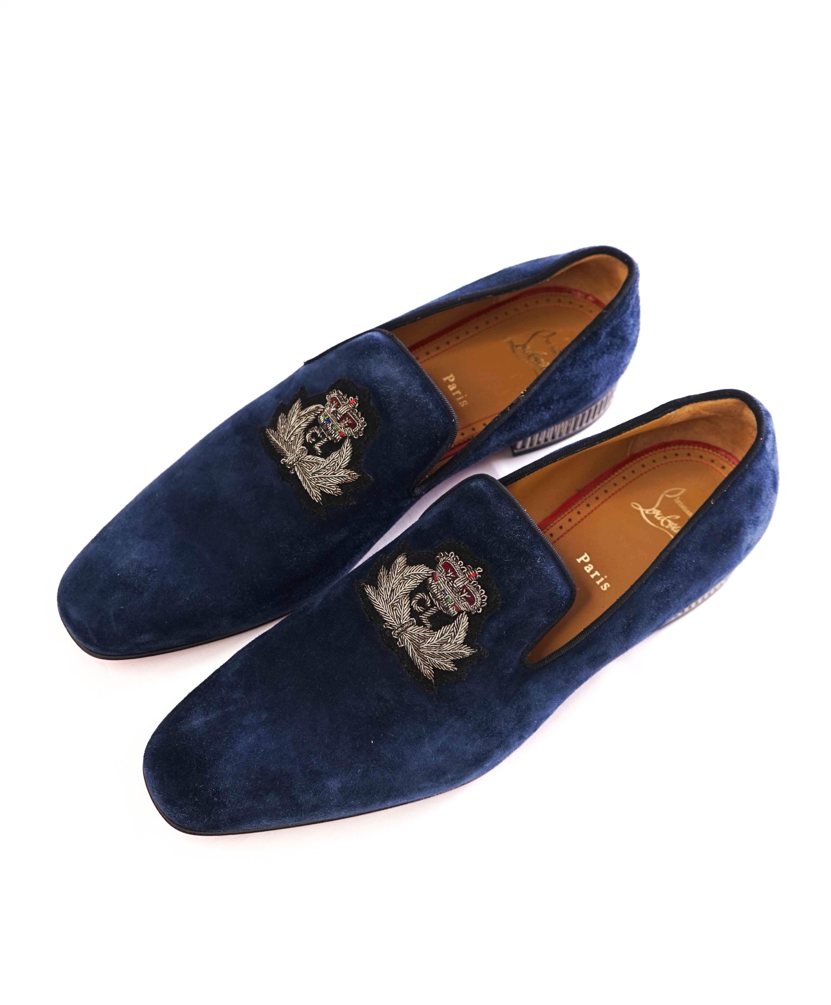 $1,250 CHRISTIAN LOUBOUTIN - *Colonnaki* Blue Suede LOGO Loafers - 12 US (45EU)