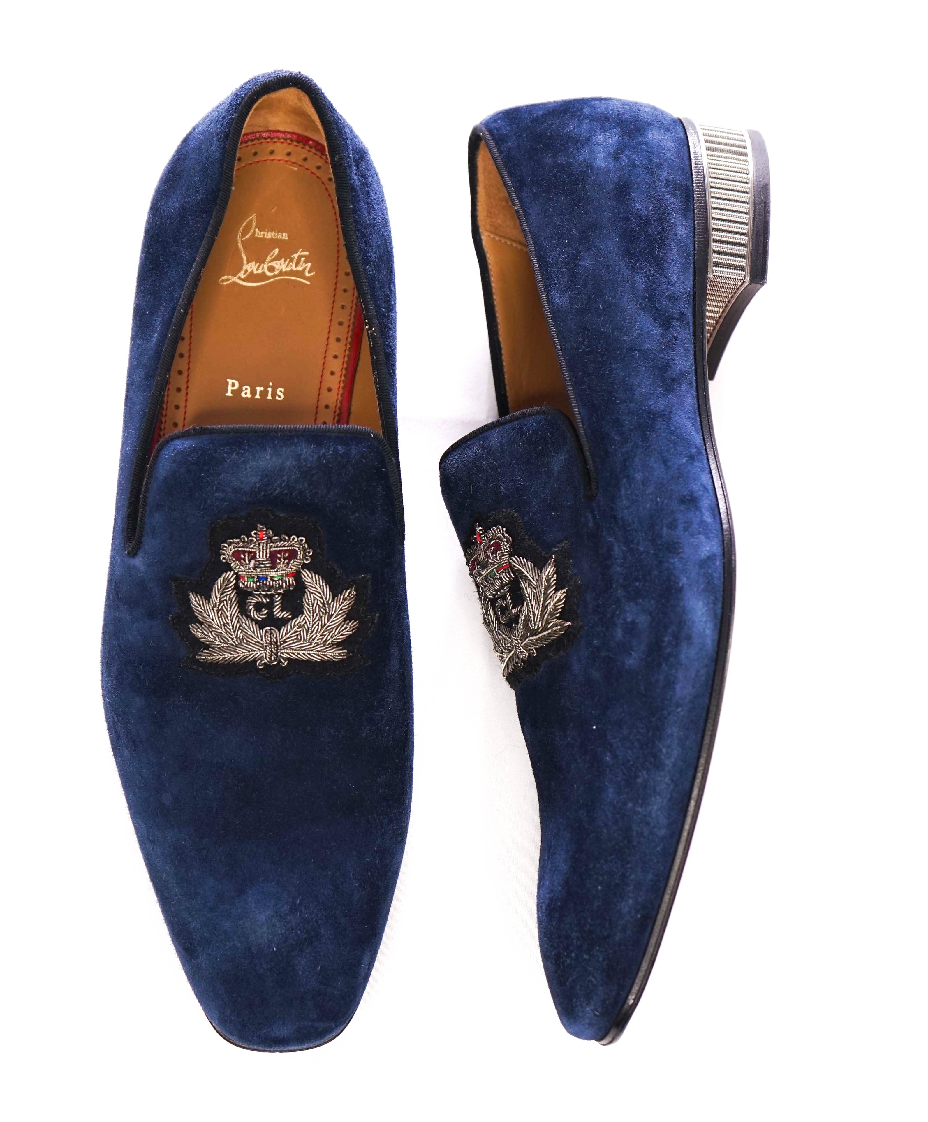 $1,250 CHRISTIAN LOUBOUTIN - *Colonnaki* Blue Suede LOGO Loafers - 12 US (45EU)