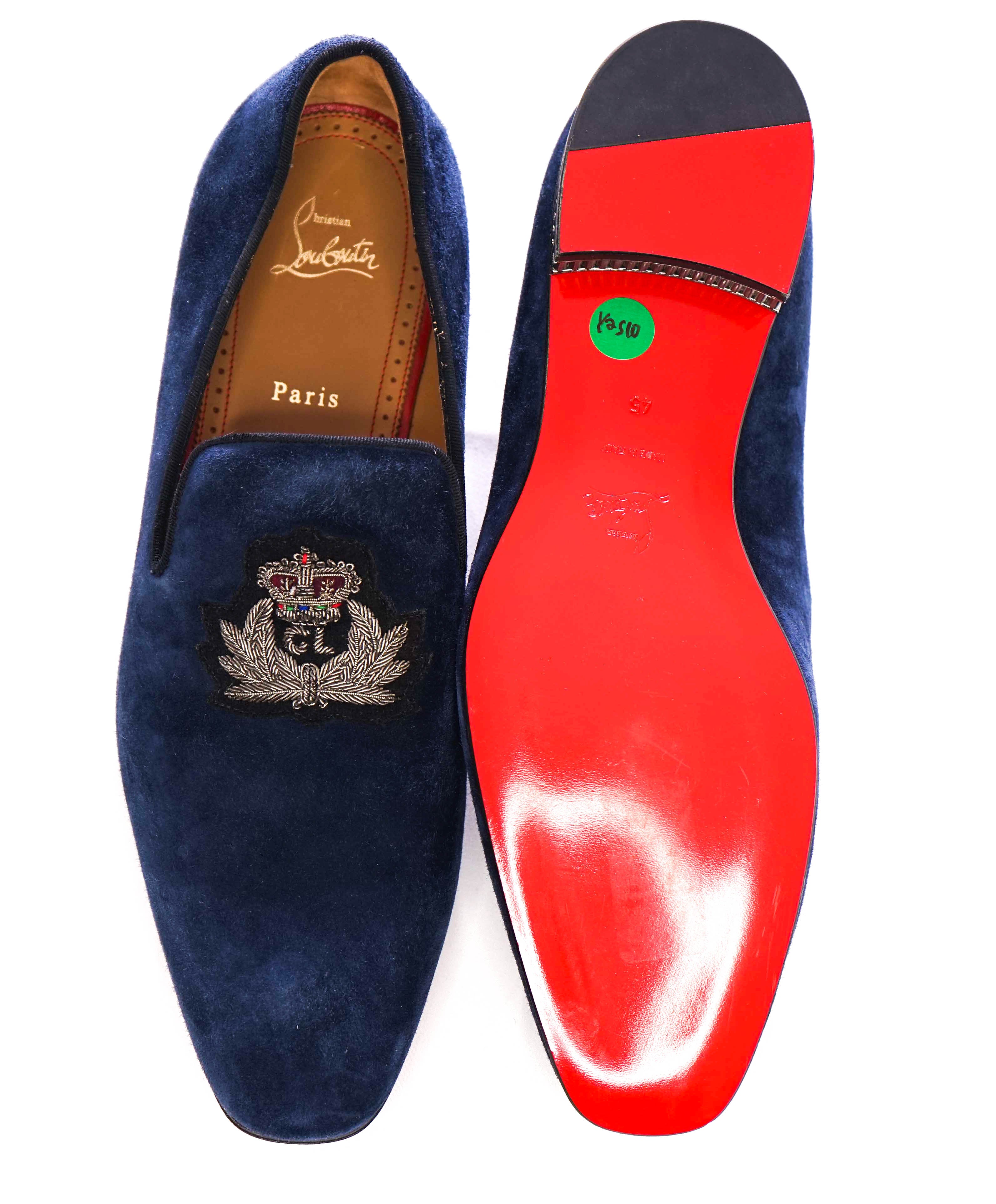 $1,250 CHRISTIAN LOUBOUTIN - *Colonnaki* Blue Suede LOGO Loafers - 12 US (45EU)