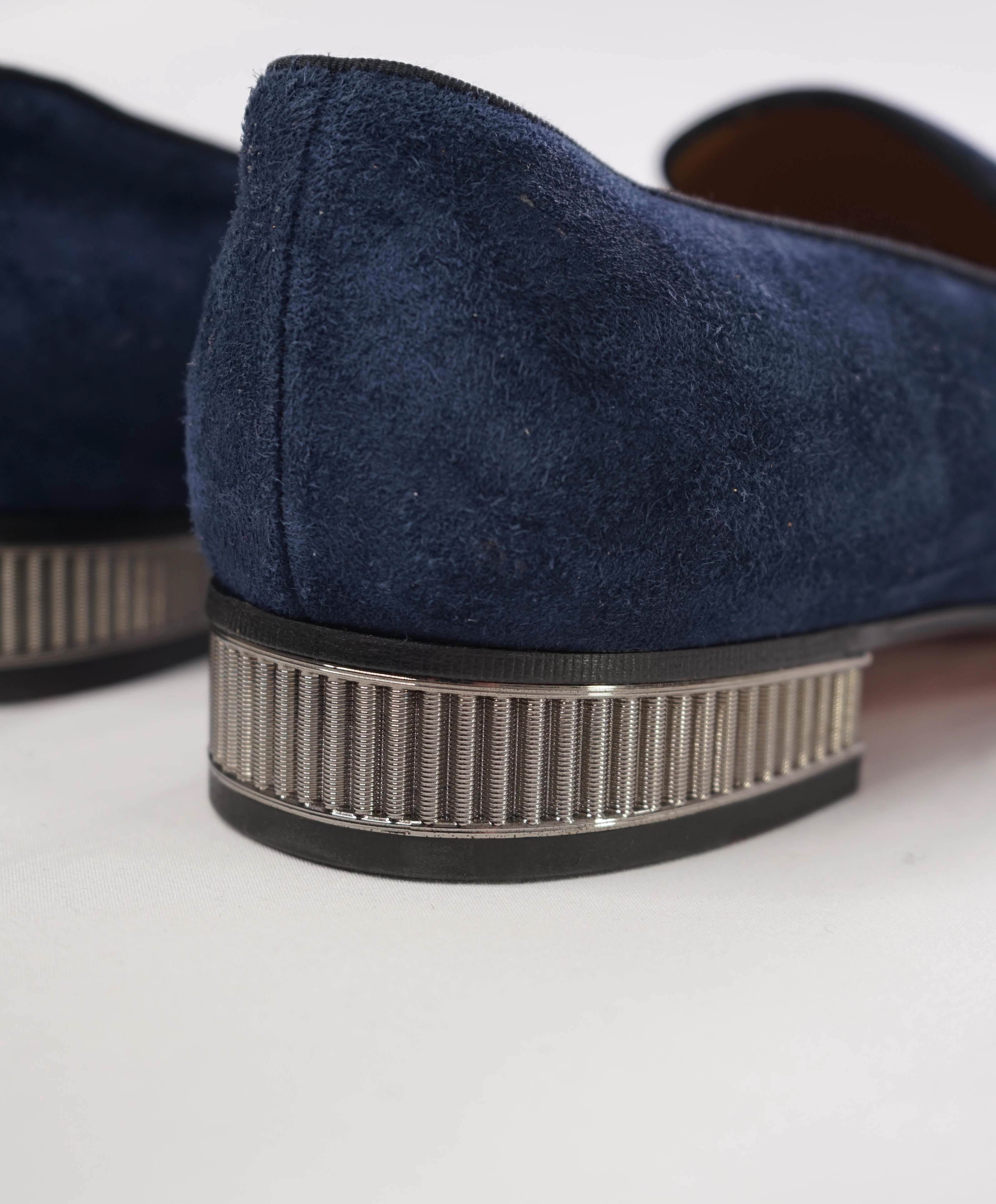 $1,250 CHRISTIAN LOUBOUTIN - *Colonnaki* Blue Suede LOGO Loafers - 12 US (45EU)