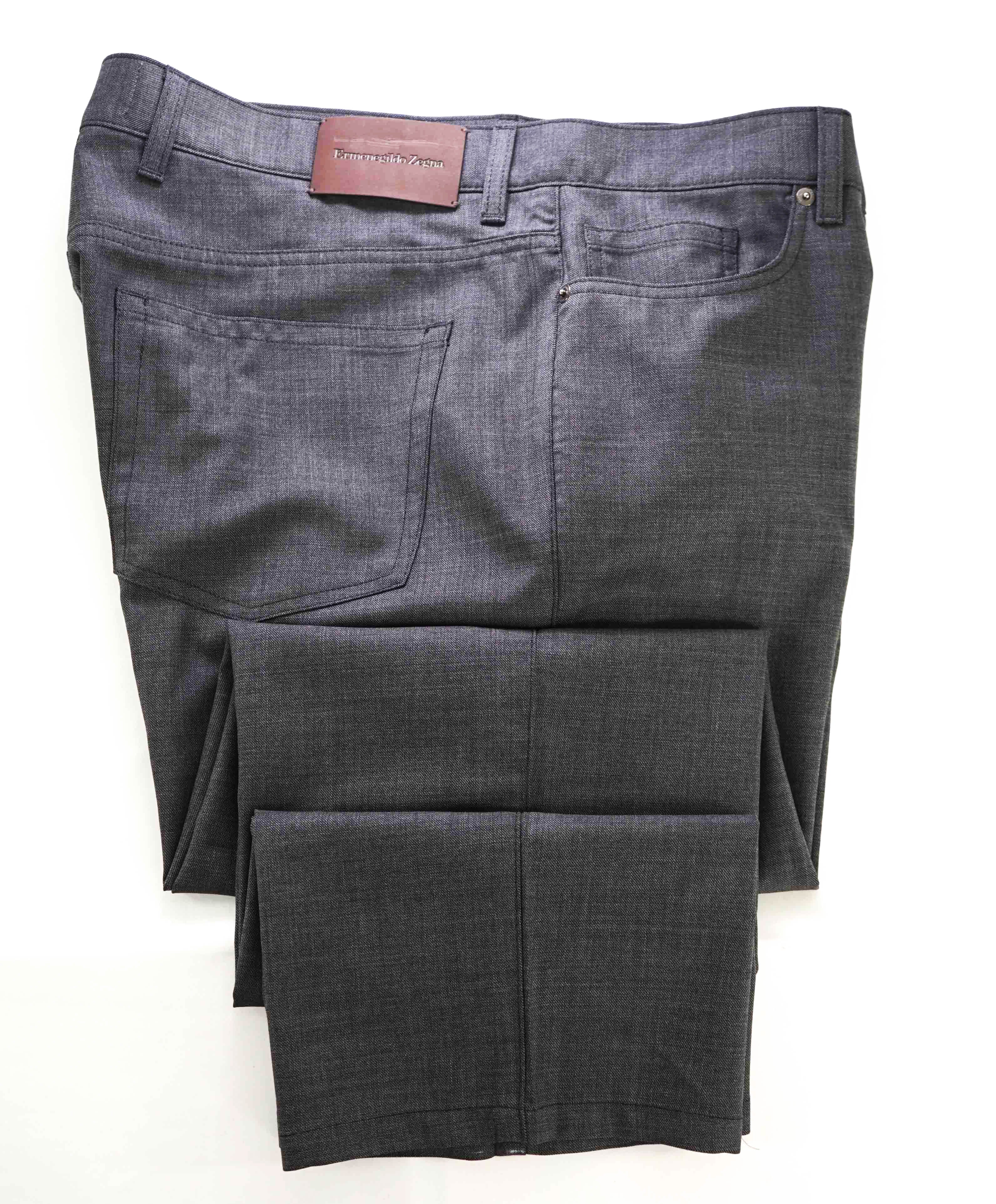 ERMENEGILDO ZEGNA - Gray WOOL Suede Logo Tag 5-Pocket Pants- 40W