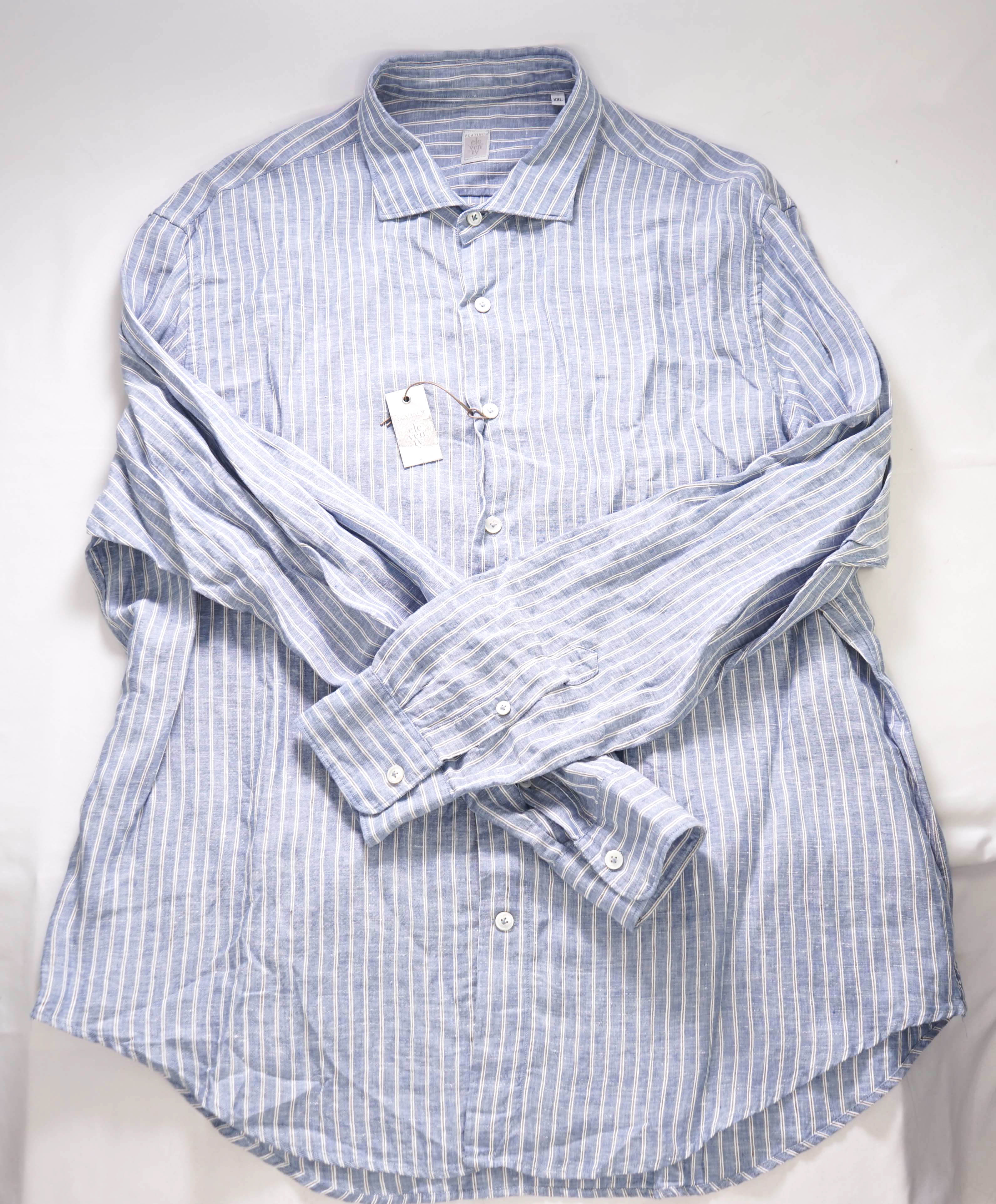 $395 ELEVENTY - *LINEN* Blue White Stripe Dress Shirt - XXL