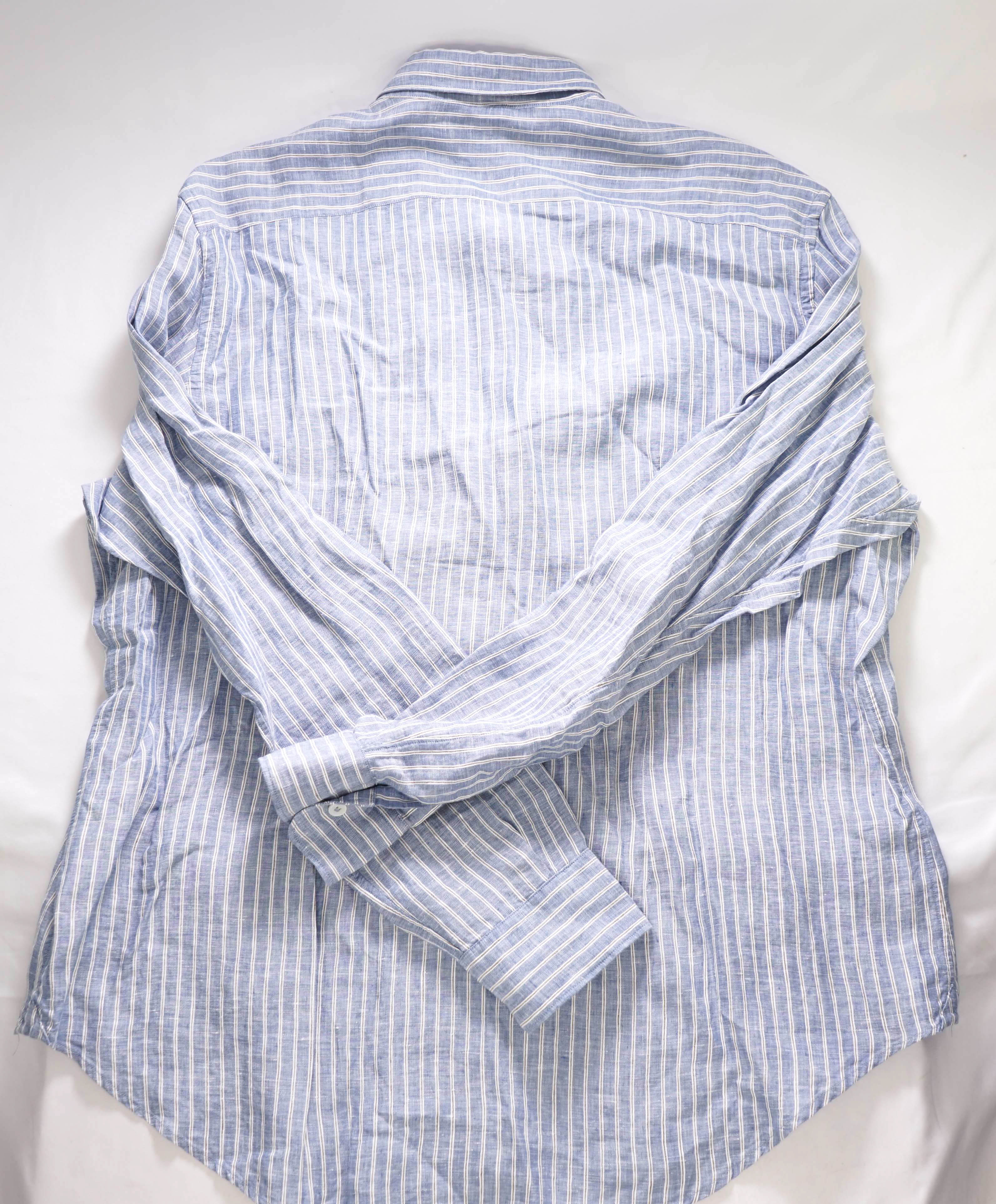 $395 ELEVENTY - *LINEN* Blue White Stripe Dress Shirt - XXL