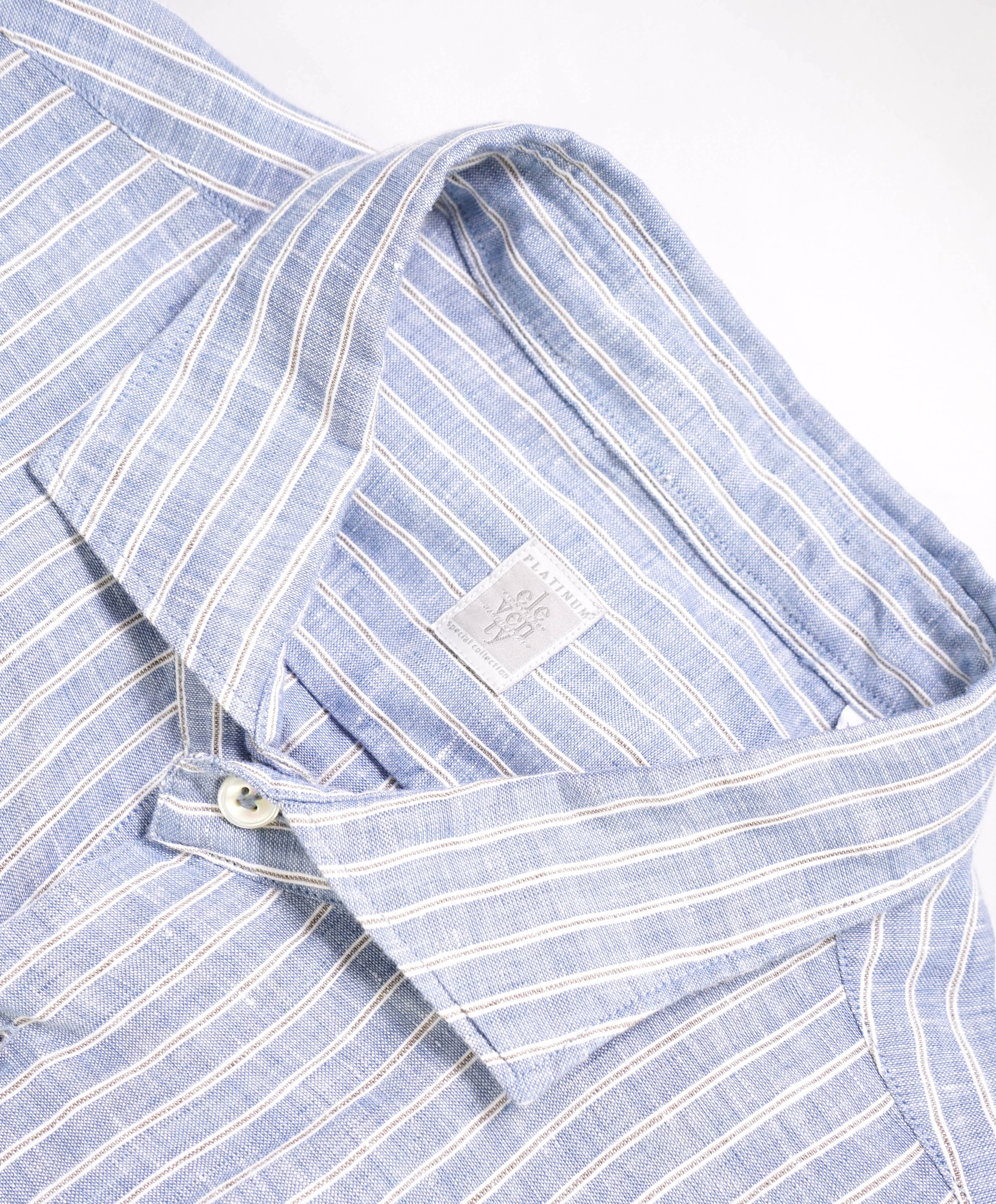 $395 ELEVENTY - *LINEN* Blue White Stripe Dress Shirt - XXL