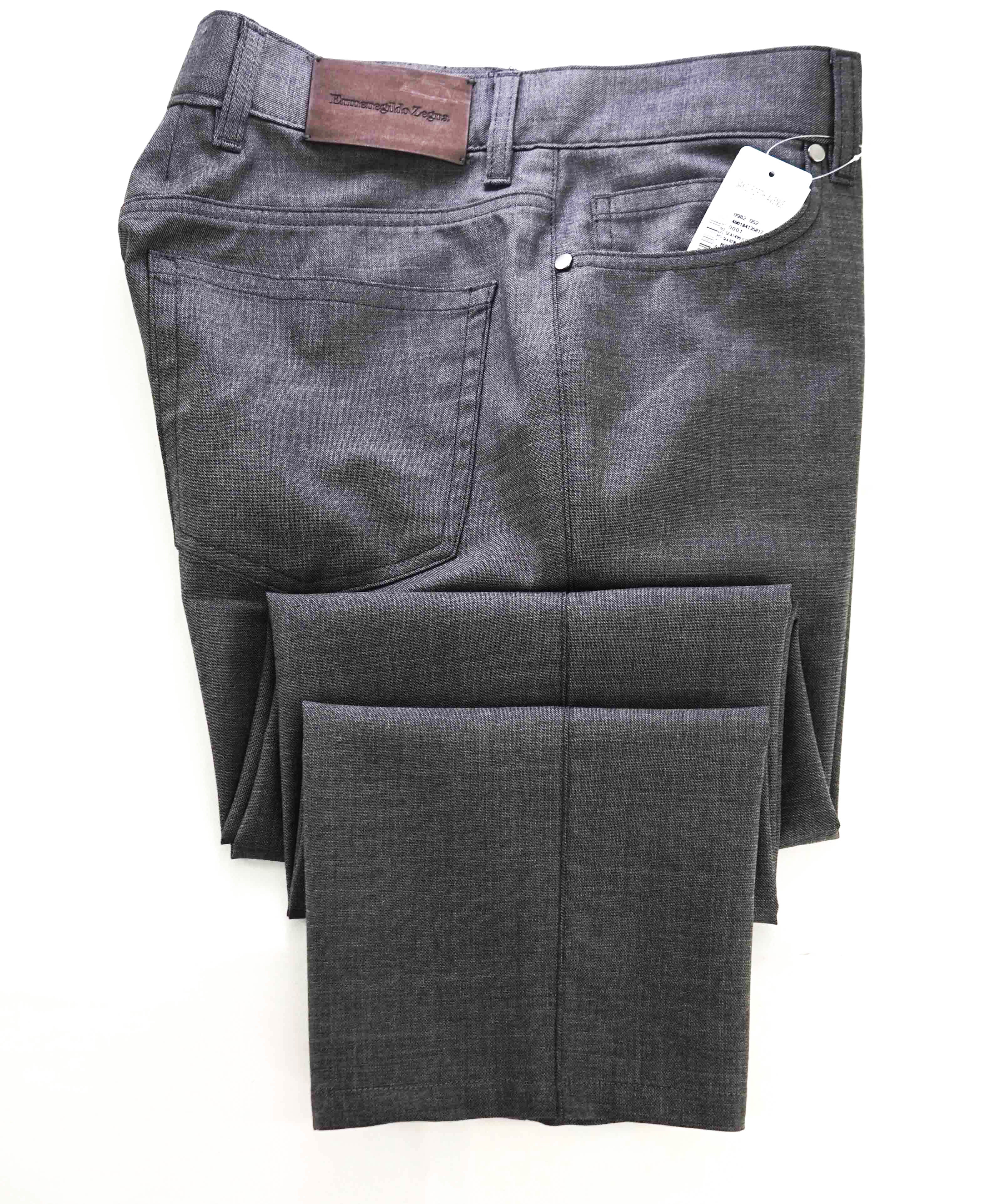 ERMENEGILDO ZEGNA - Gray WOOL Suede Logo Tag 5-Pocket Pants- 32W