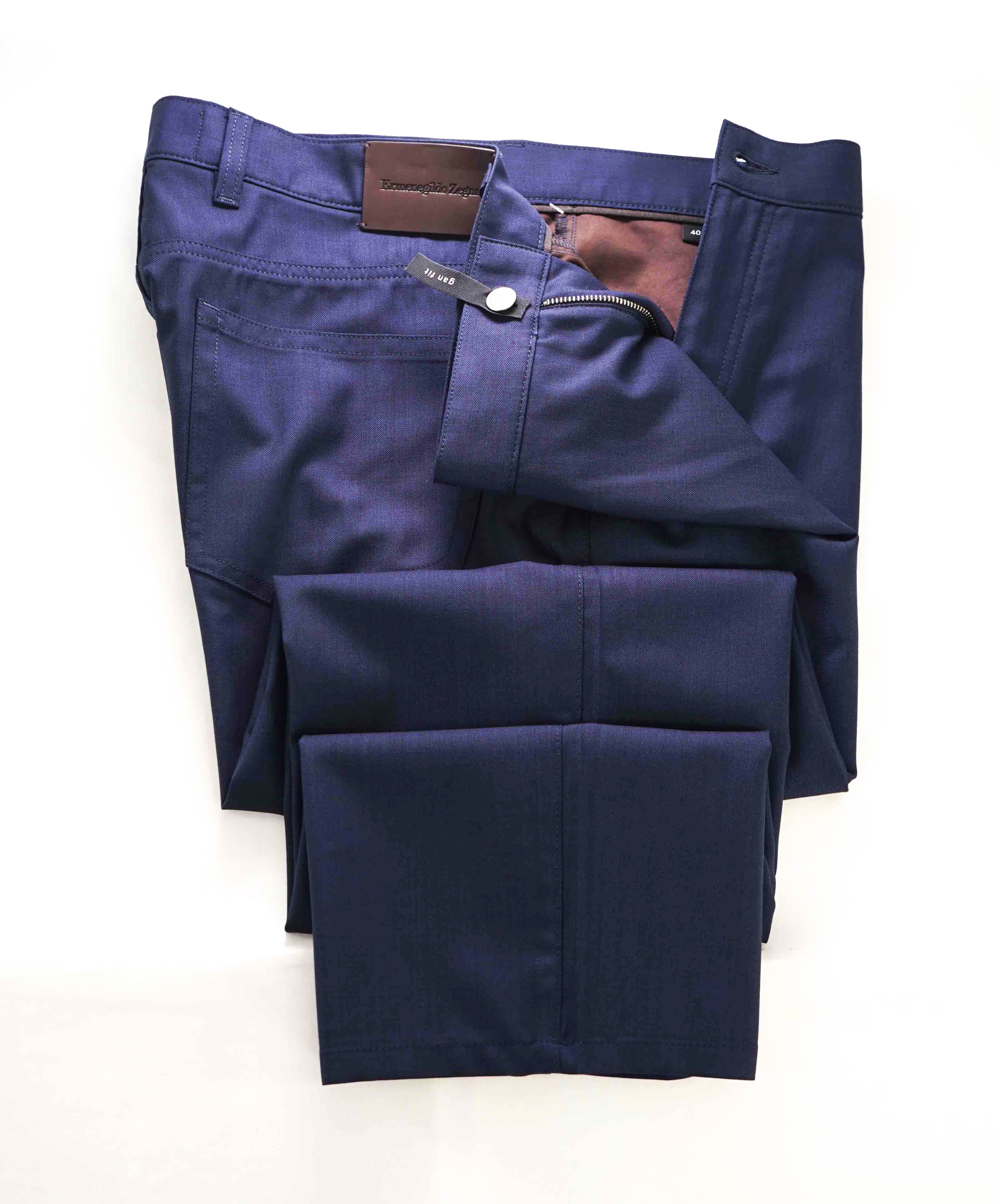 ERMENEGILDO ZEGNA - Blue WOOL Suede Logo Tag 5-Pocket Pants- 40W