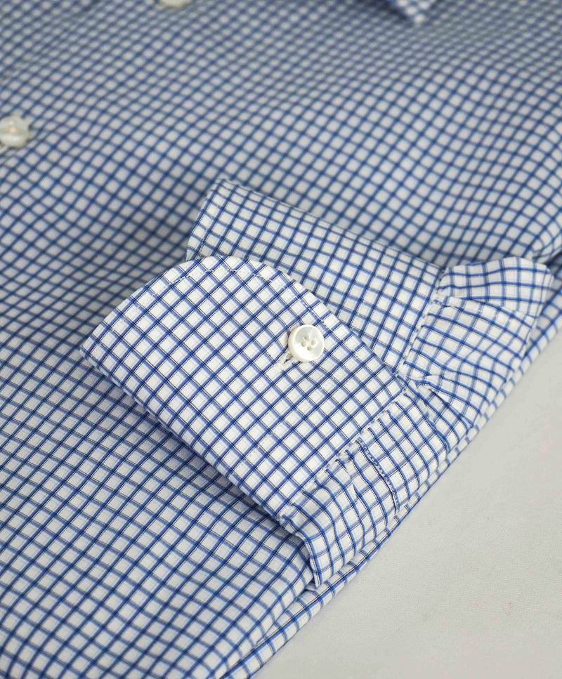 $550 ERMENEGILDO ZEGNA - Blue Check Button Down Shirt - 16.5