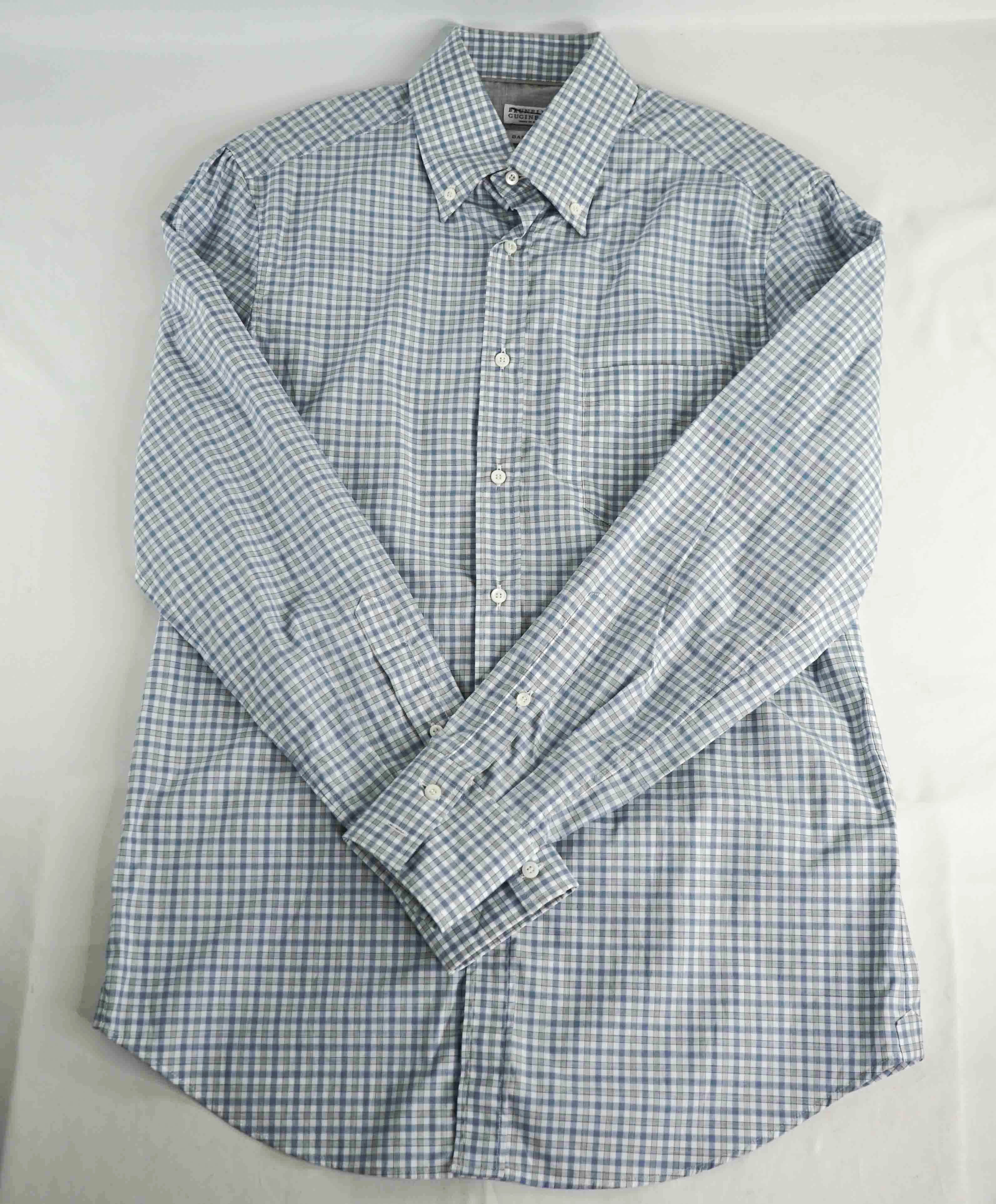 $795 BRUNELLO CUCINELLI - "BASIC FIT" Blue Gingham Check Shirt - S