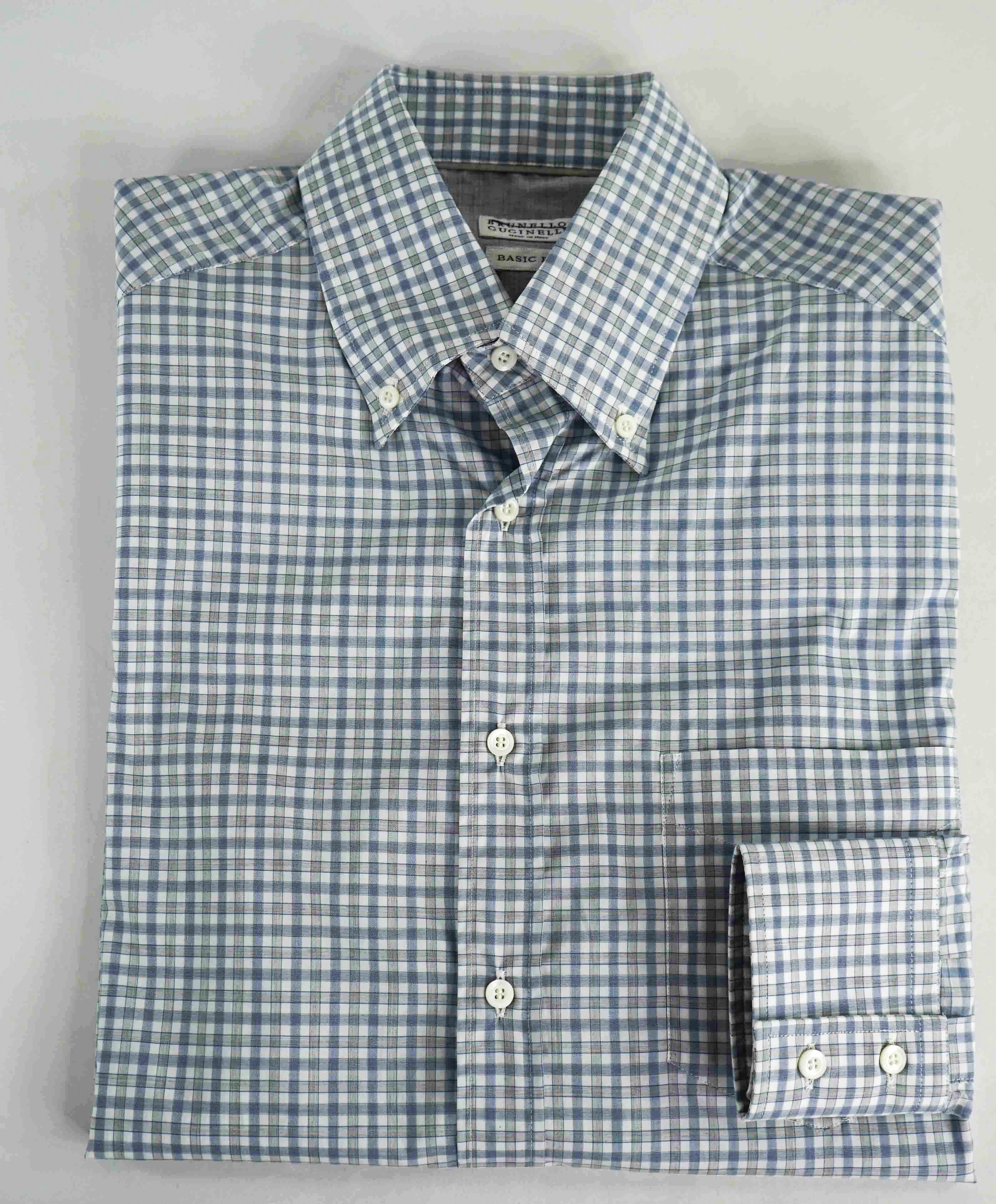 $795 BRUNELLO CUCINELLI - "BASIC FIT" Blue Gingham Check Shirt - S