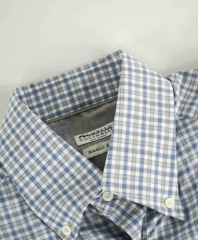 $795 BRUNELLO CUCINELLI - "BASIC FIT" Blue Gingham Check Shirt - S