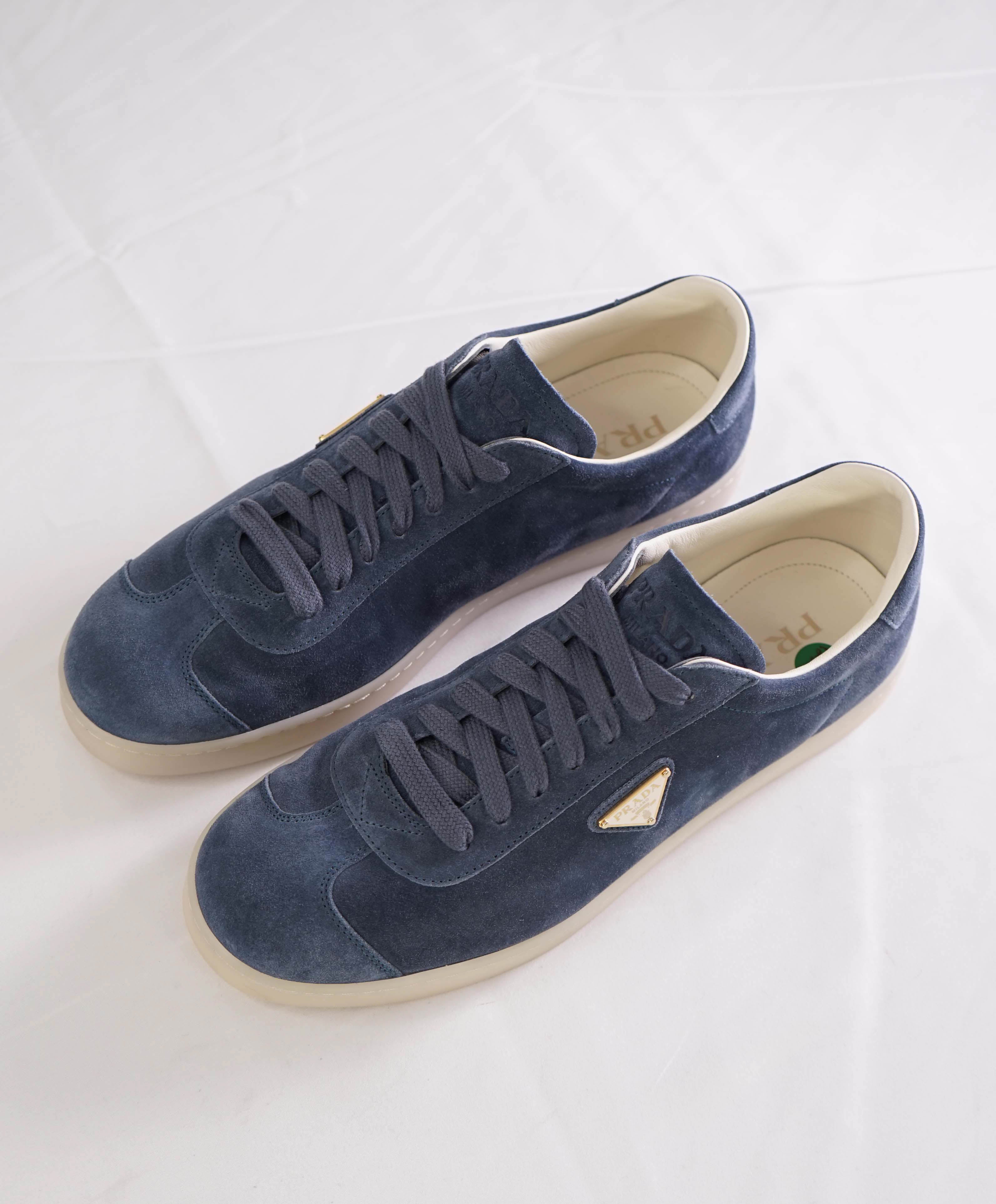 $950 PRADA - *LANE* DEERSKIN Astral Blue Suede Sneakers W Logo Detail - 10 US (9 IT)