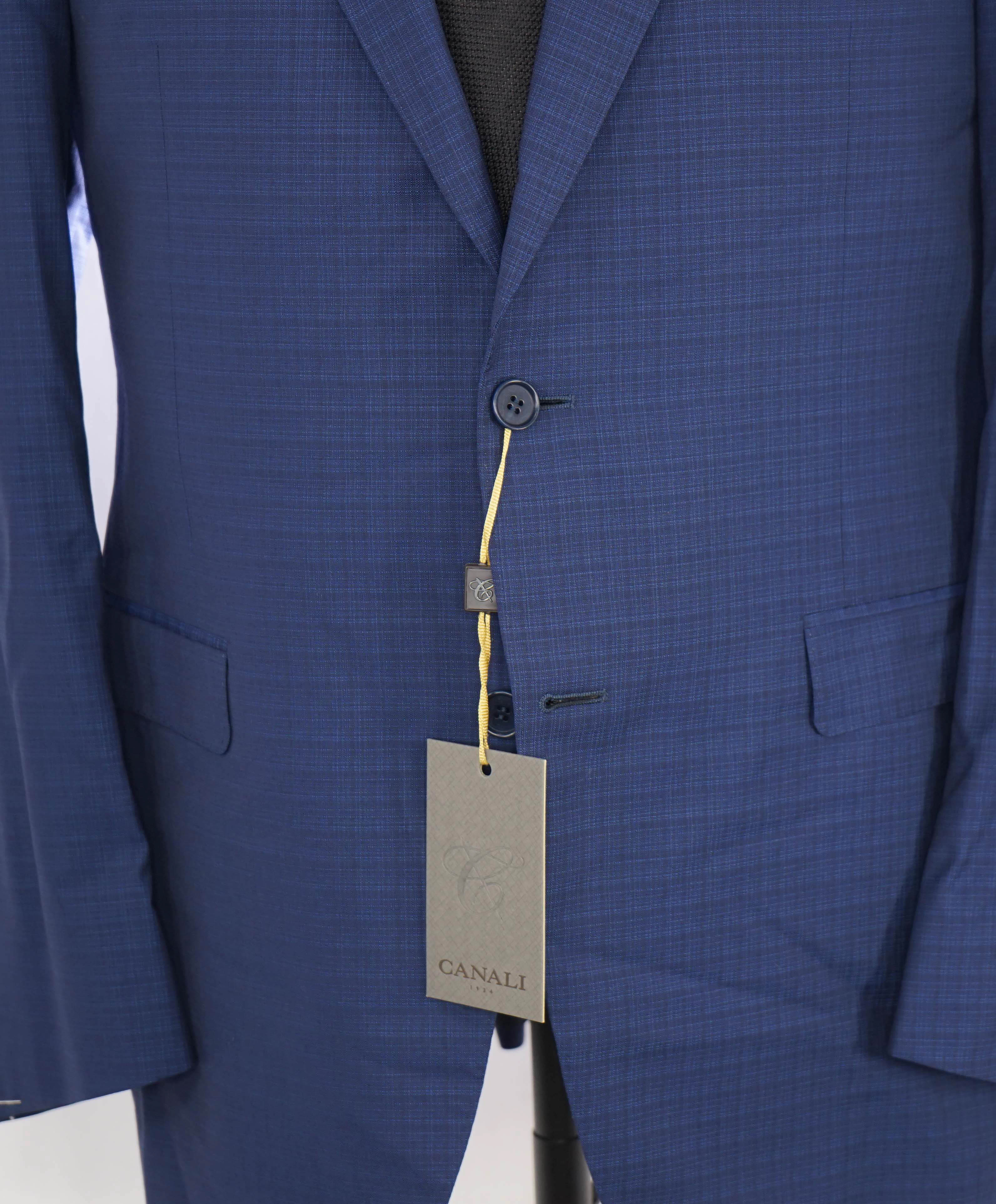 $1,895 CANALI - Textured Blue Micro Check Notch Lapel Blazer - 44R US