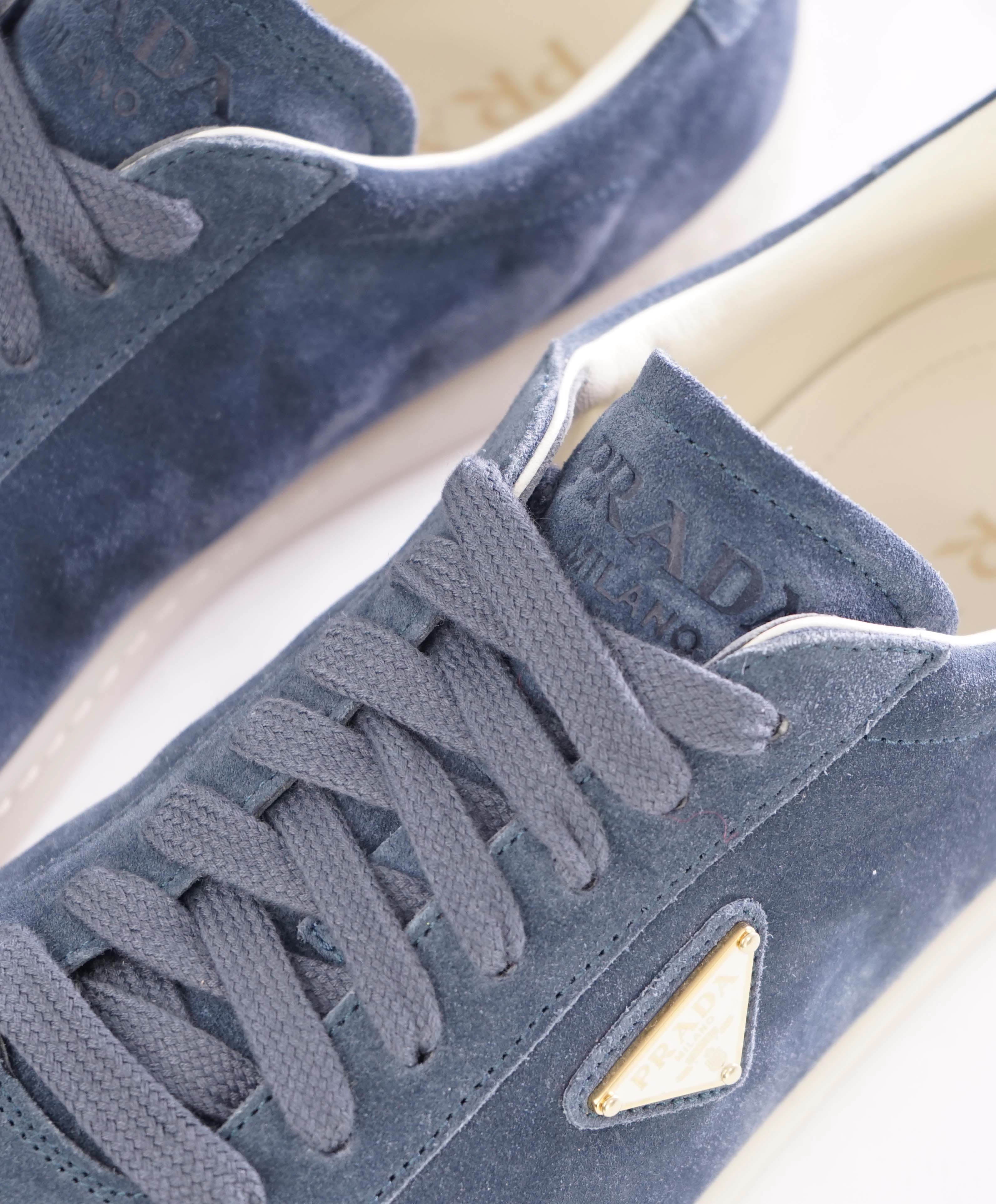 $950 PRADA - *LANE* DEERSKIN Astral Blue Suede Sneakers W Logo Detail - 10 US (9 IT)