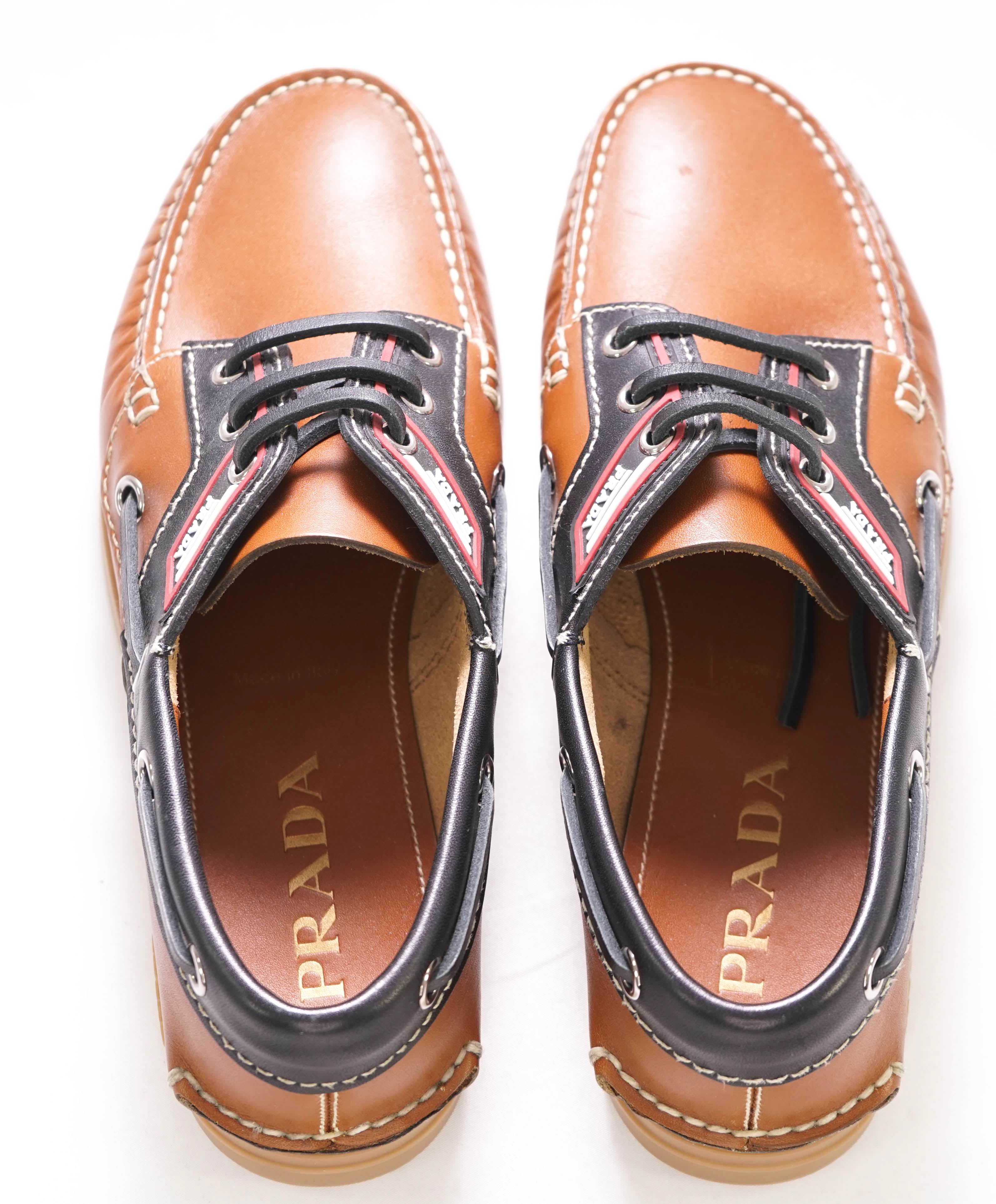 $795 PRADA - Camel Leather Logo Vamp Boat Shoe Loafer - 6 US (5 Prada)