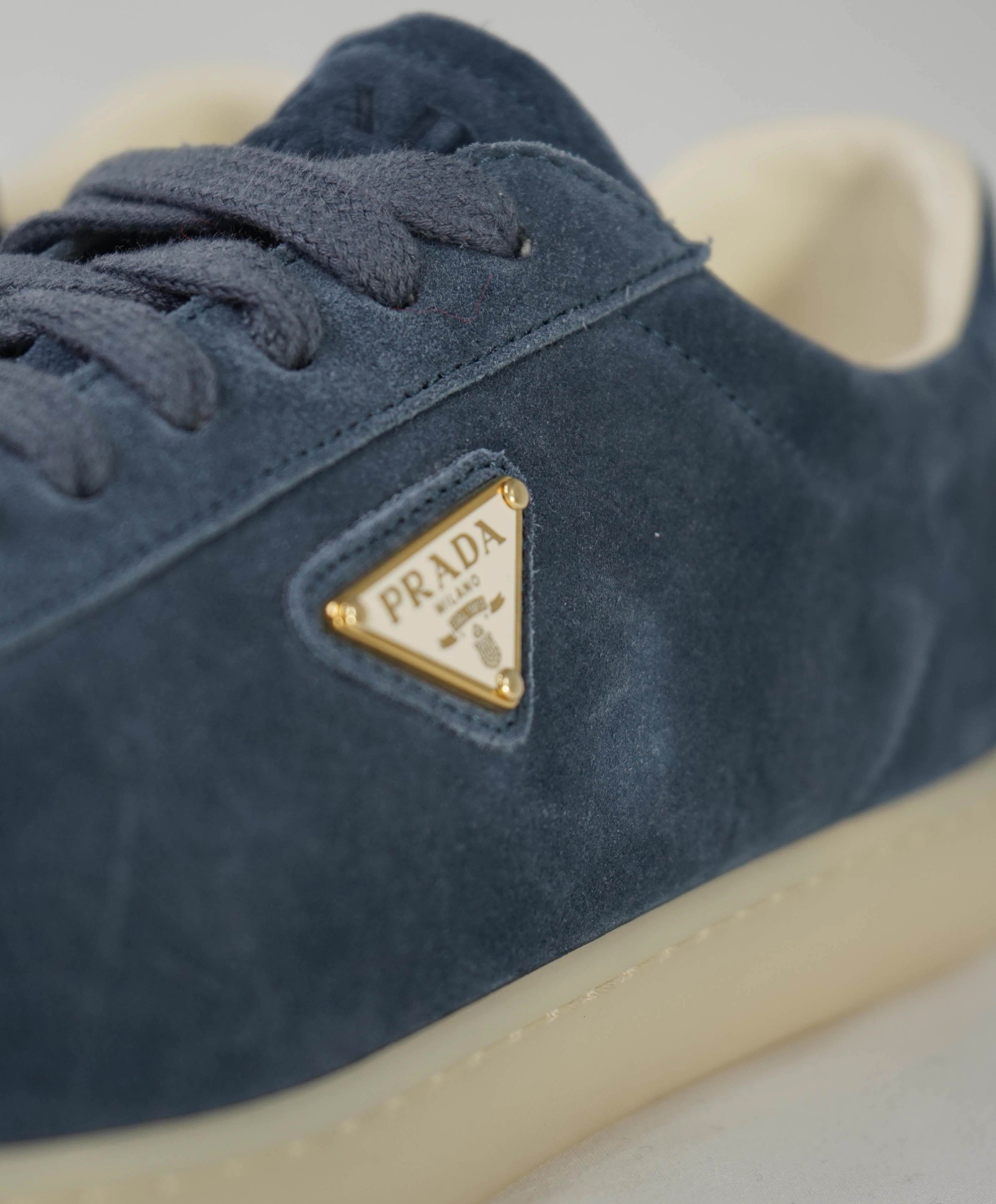 $950 PRADA - *LANE* DEERSKIN Astral Blue Suede Sneakers W Logo Detail - 10 US (9 IT)