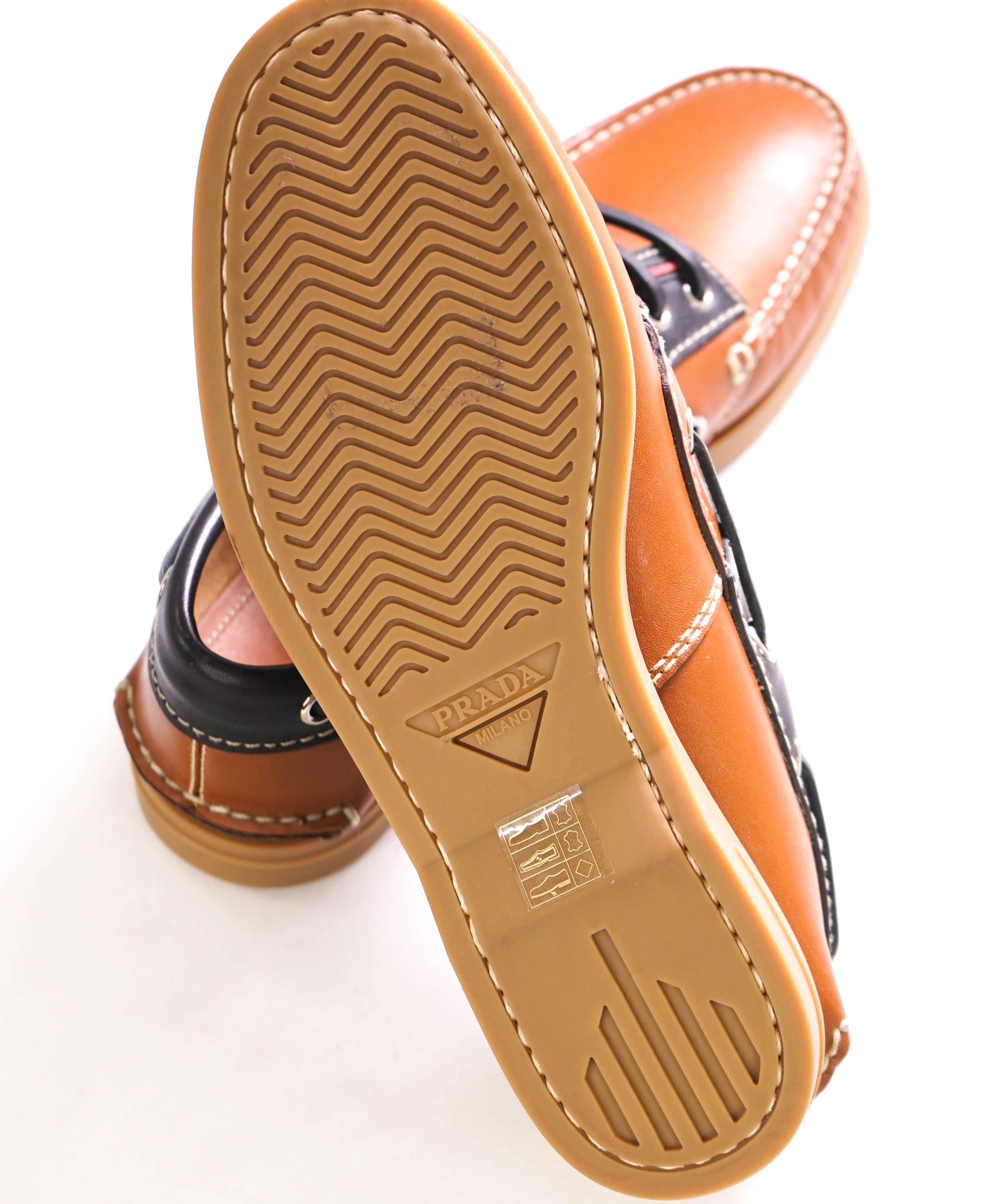 $795 PRADA - Camel Leather Logo Vamp Boat Shoe Loafer - 6 US (5 Prada)