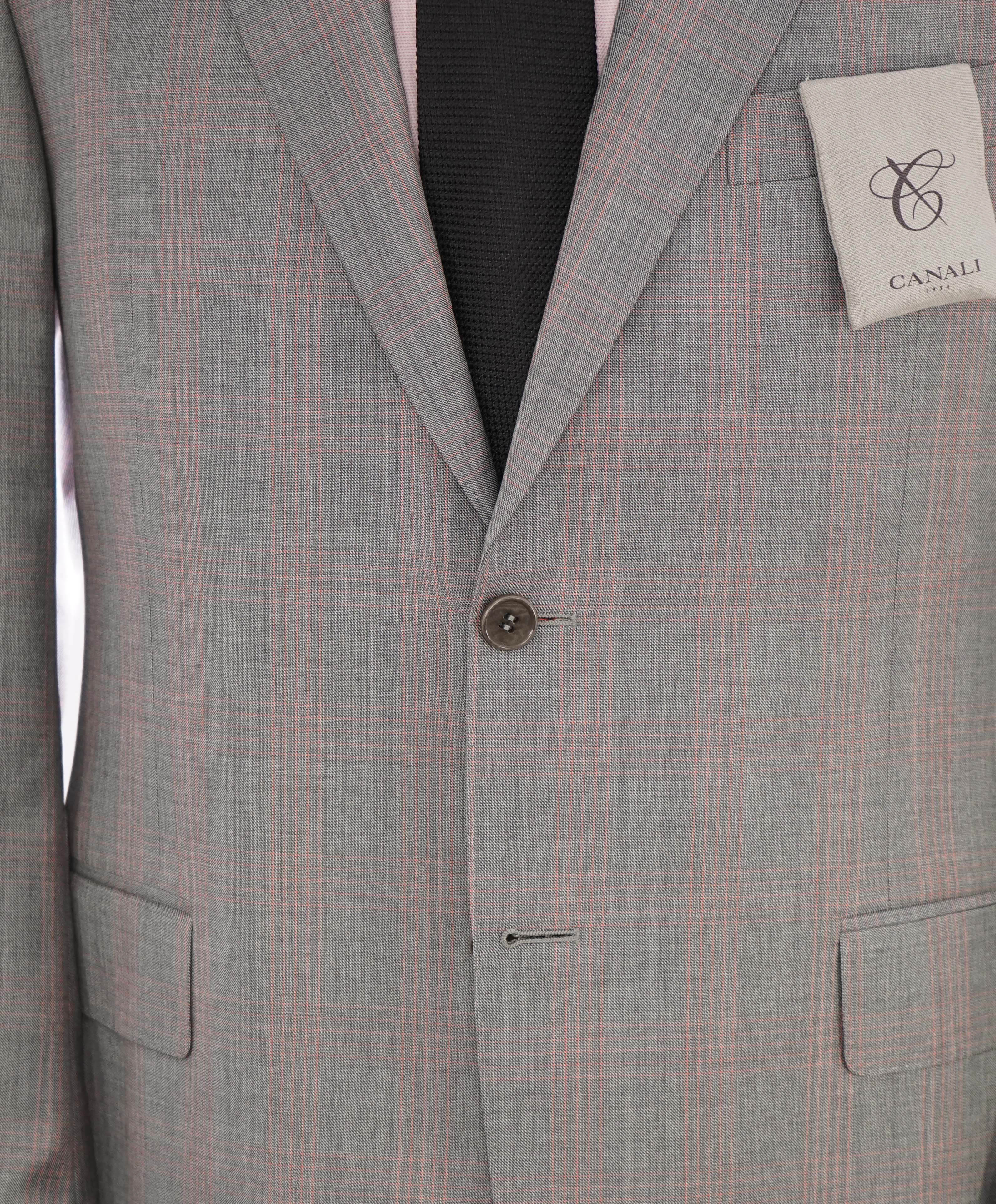 $2,095 CANALI - Gray & Red Check Plaid Notch Lapel Blazer - 40R US