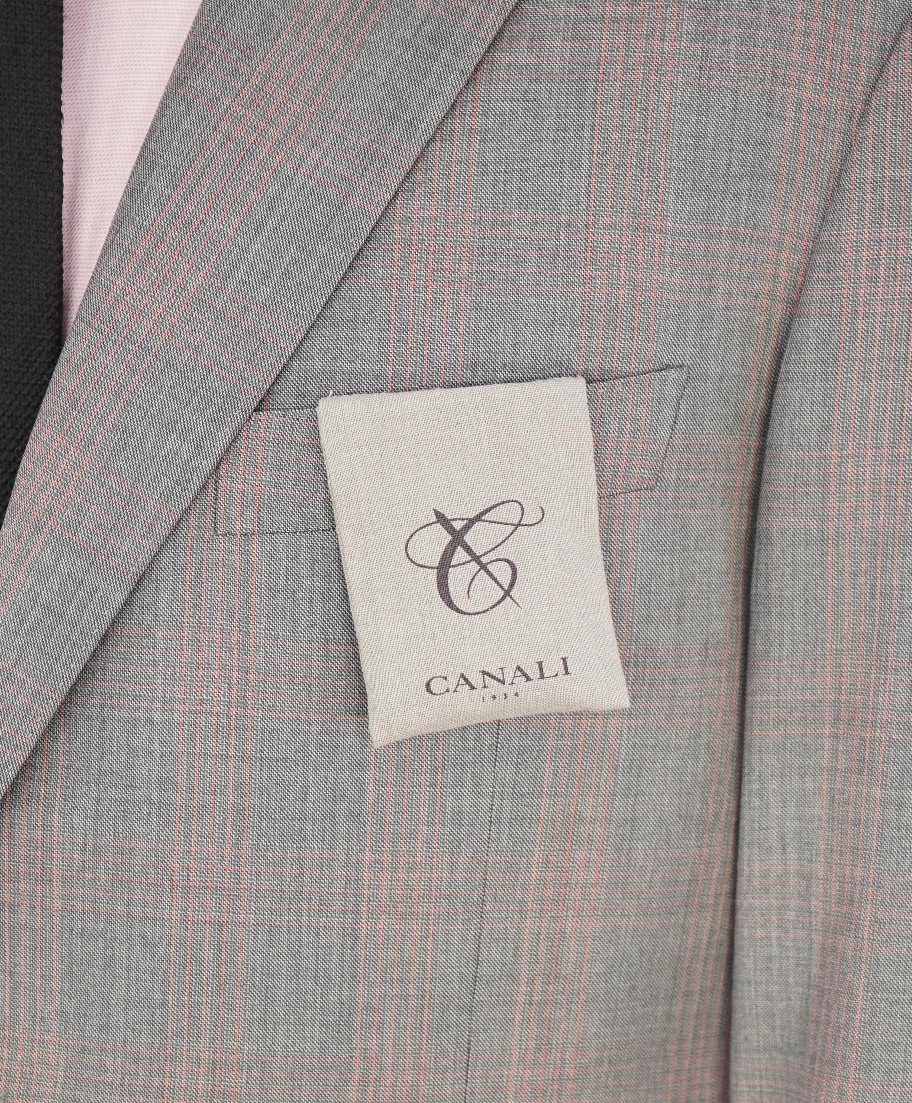 $2,095 CANALI - Gray & Red Check Plaid Notch Lapel Blazer - 40R US