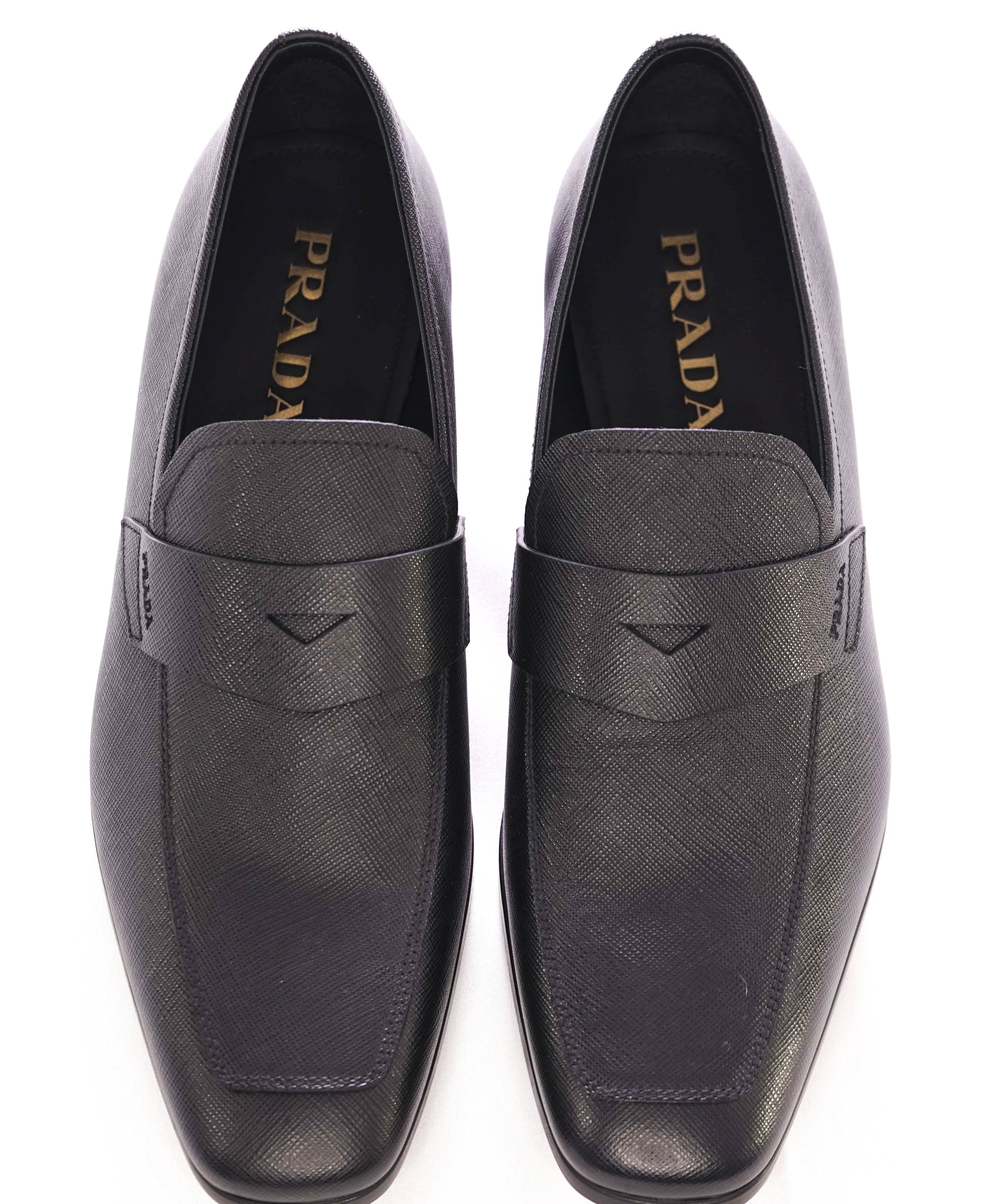 $875 PRADA - Asymmetrical Saffiano Leather Logo Penny Loafers Black - 9.5US (8.5UK)