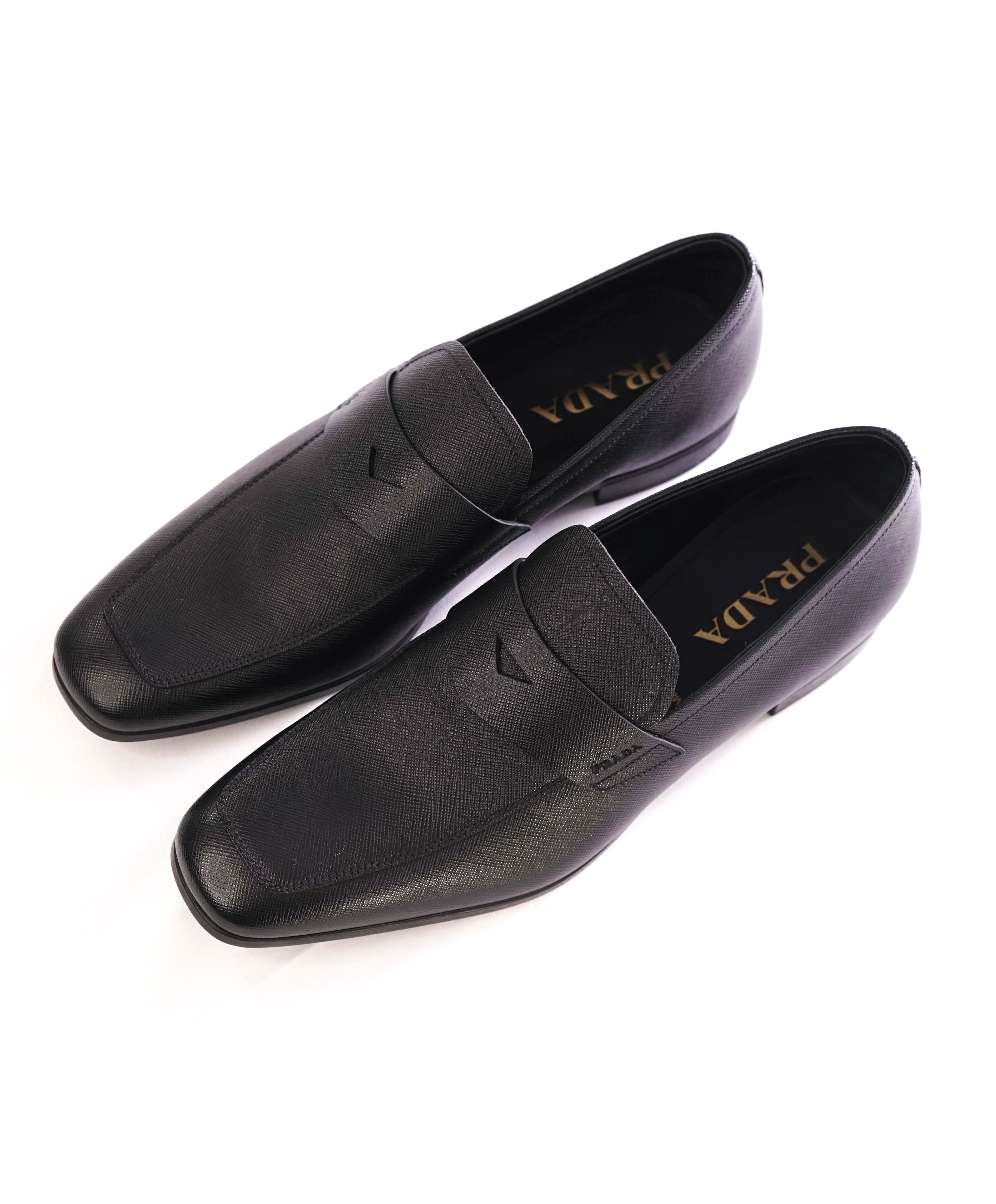 $875 PRADA - Asymmetrical Saffiano Leather Logo Penny Loafers Black - 9.5US (8.5UK)