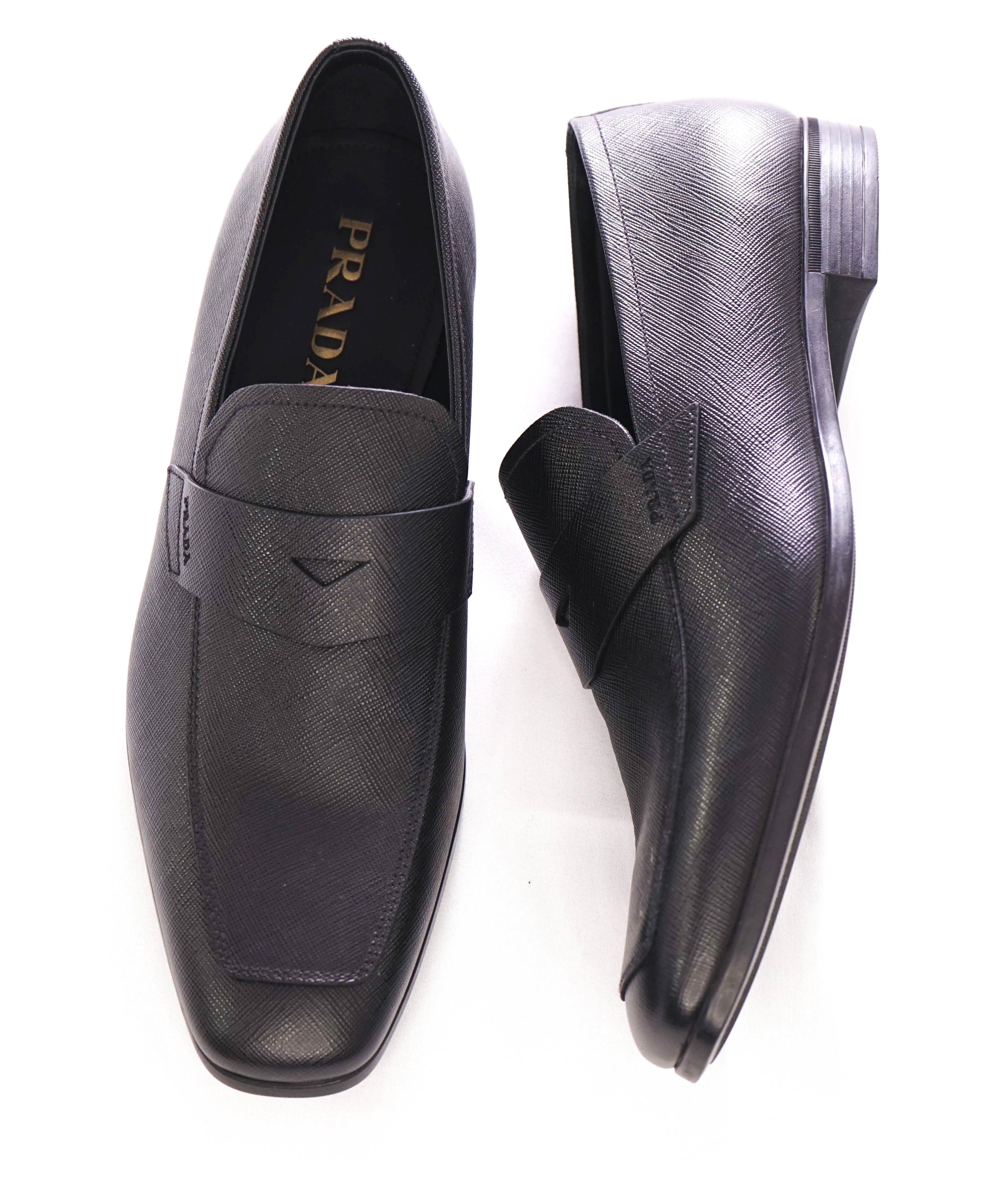 $875 PRADA - Asymmetrical Saffiano Leather Logo Penny Loafers Black - 9.5US (8.5UK)