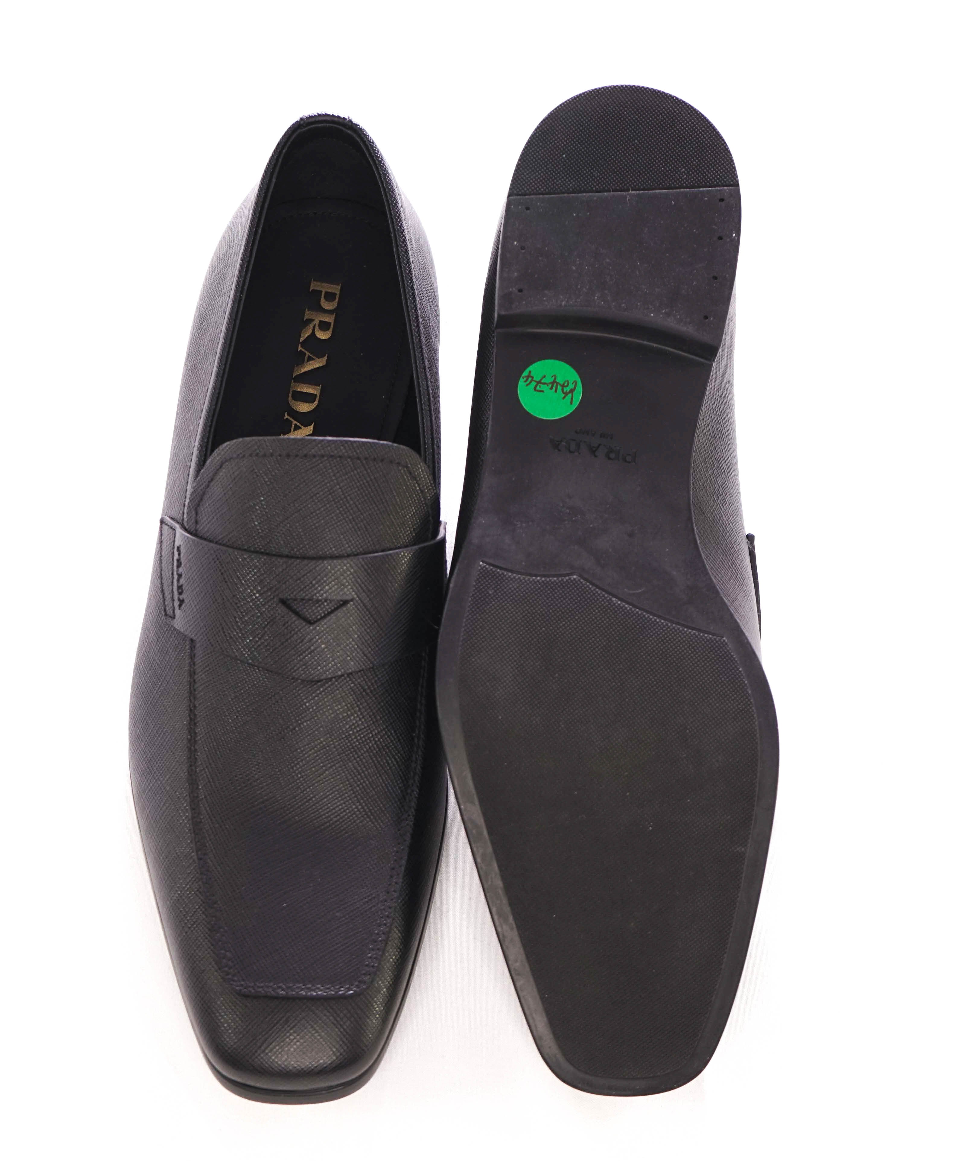 $875 PRADA - Asymmetrical Saffiano Leather Logo Penny Loafers Black - 9.5US (8.5UK)