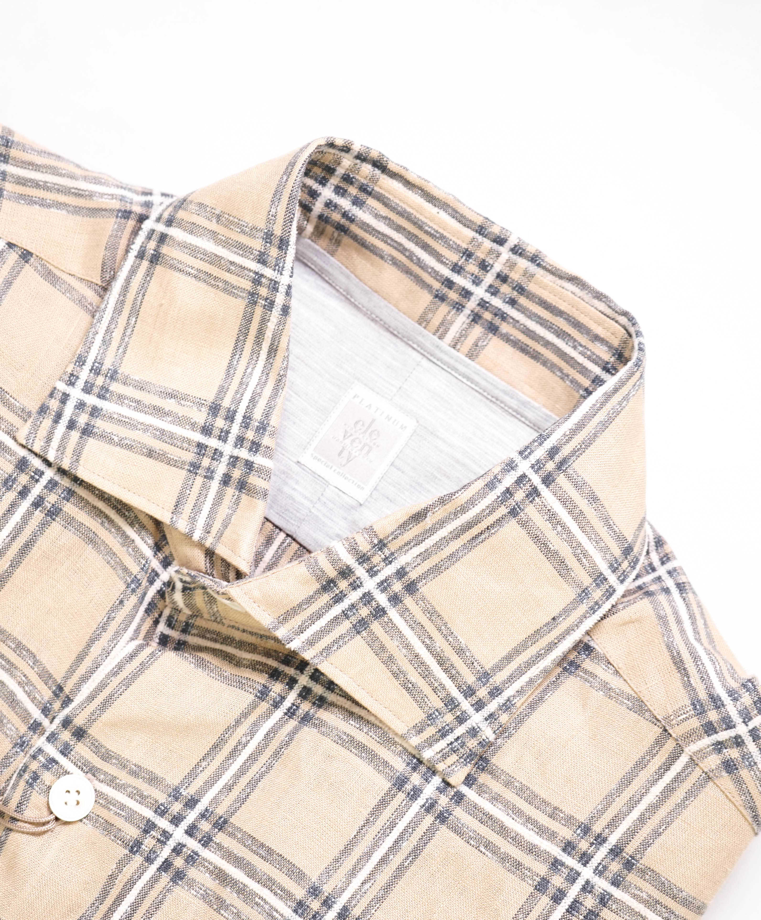 $395 ELEVENTY - *Linen/Cotton* Brown White Check Dress Shirt - S