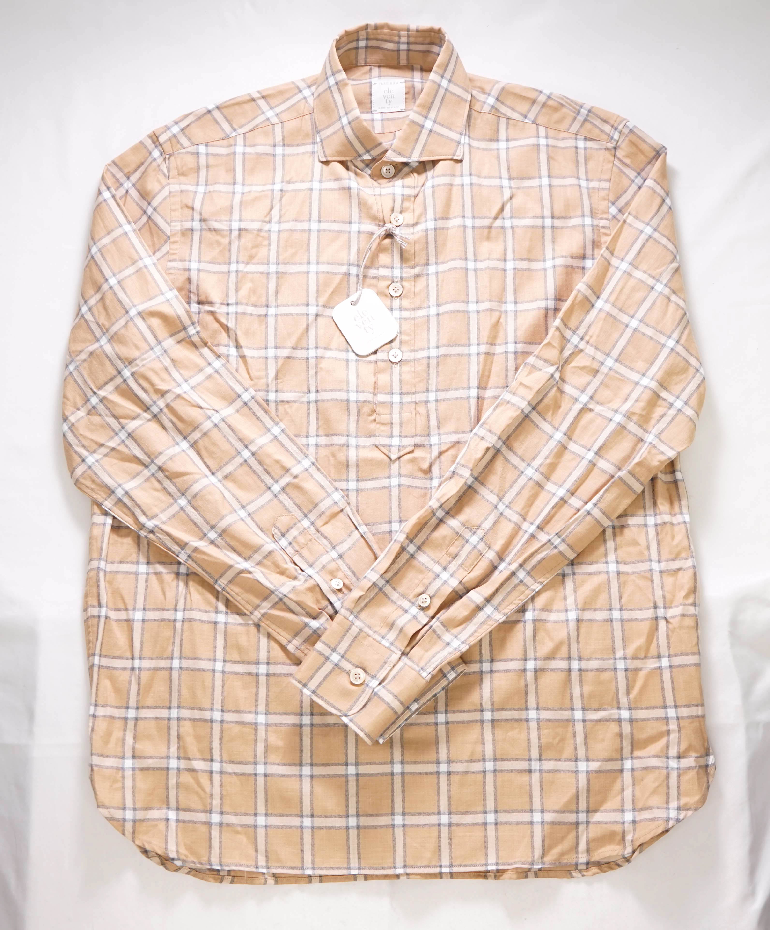 $495 ELEVENTY - Cotton Brown White Windowpane Check Dress Shirt - M