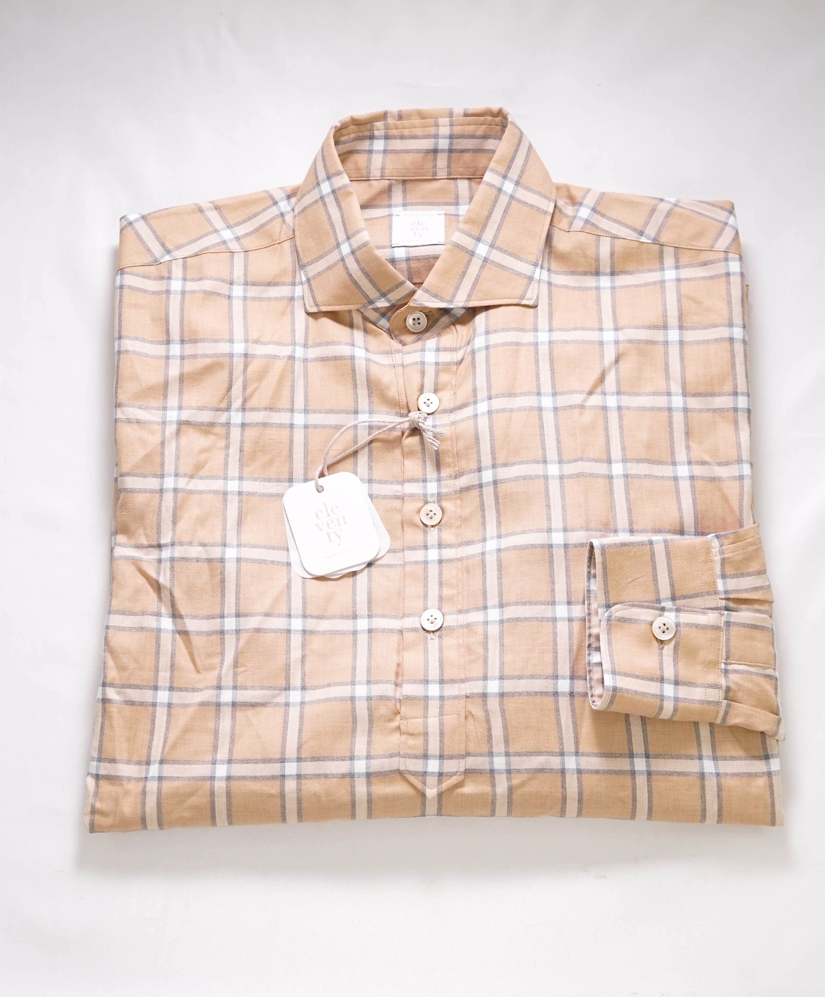 $495 ELEVENTY - Cotton Brown White Windowpane Check Dress Shirt - M