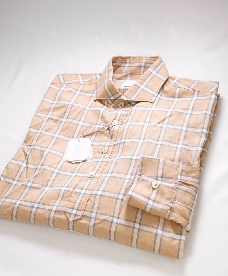 $495 ELEVENTY - Cotton Brown White Windowpane Check Dress Shirt - M