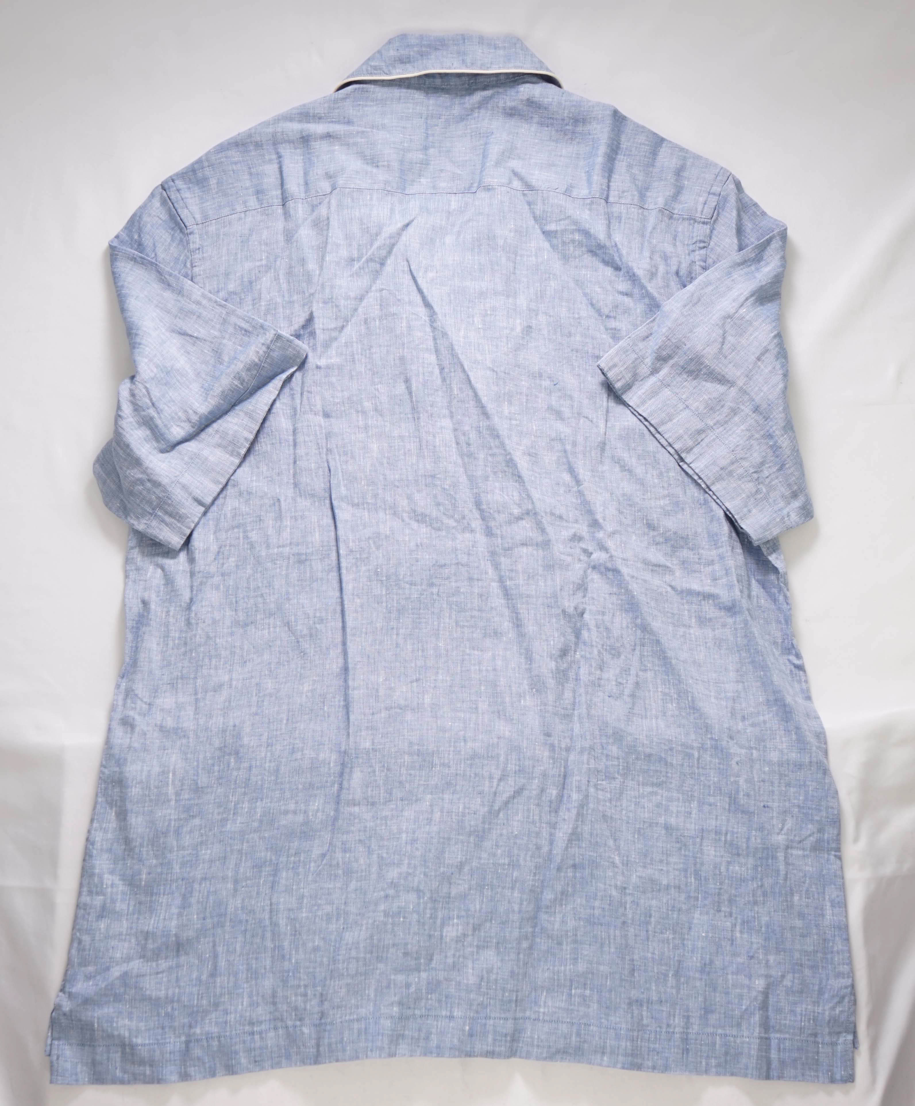 $495 ELEVENTY - Light Blue Tipped PURE LINEN Camp Collar Button Shirt - M