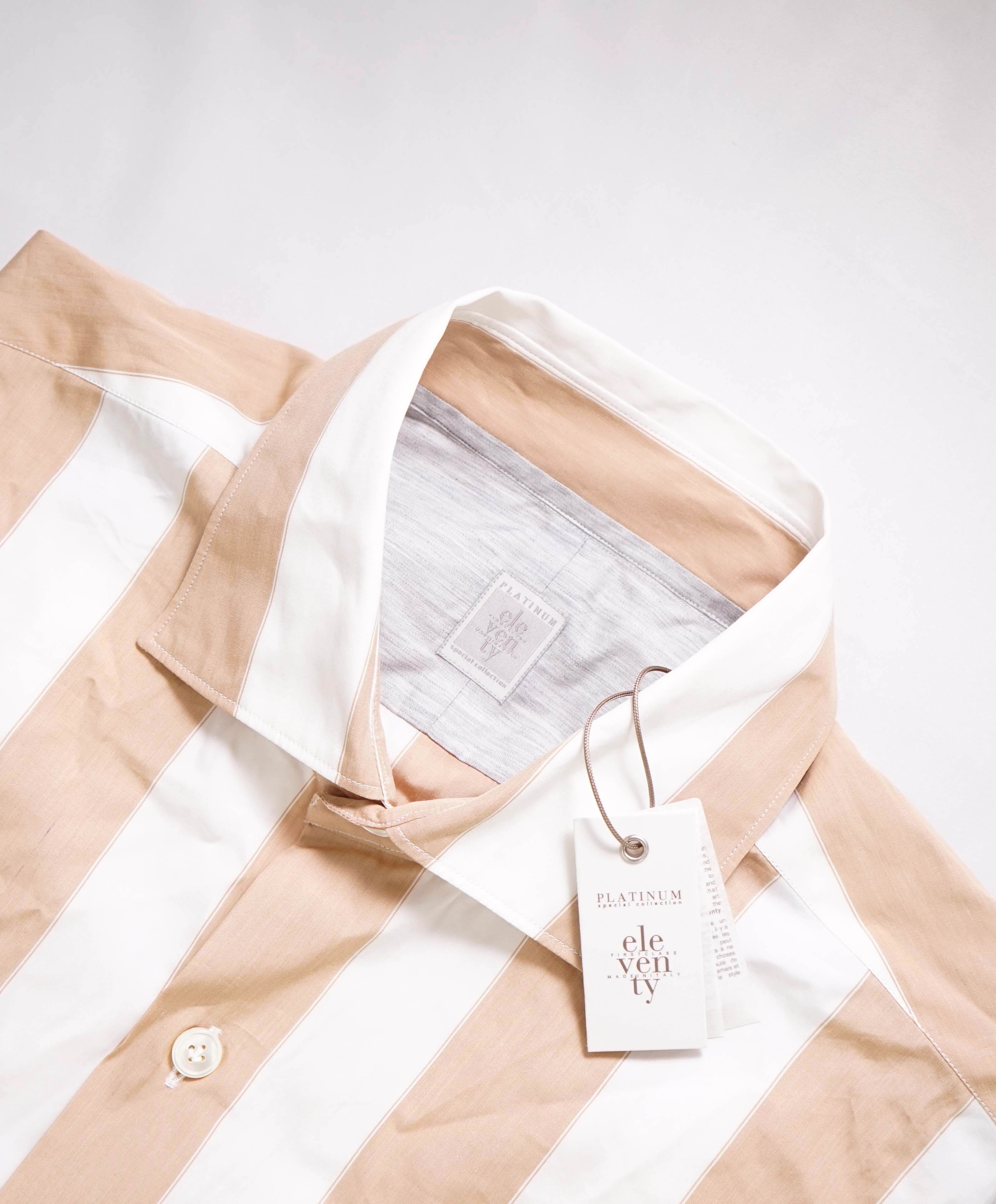 $345 ELEVENTY - Camel/White Cotton Broad Stripe Button Front Shirt - M