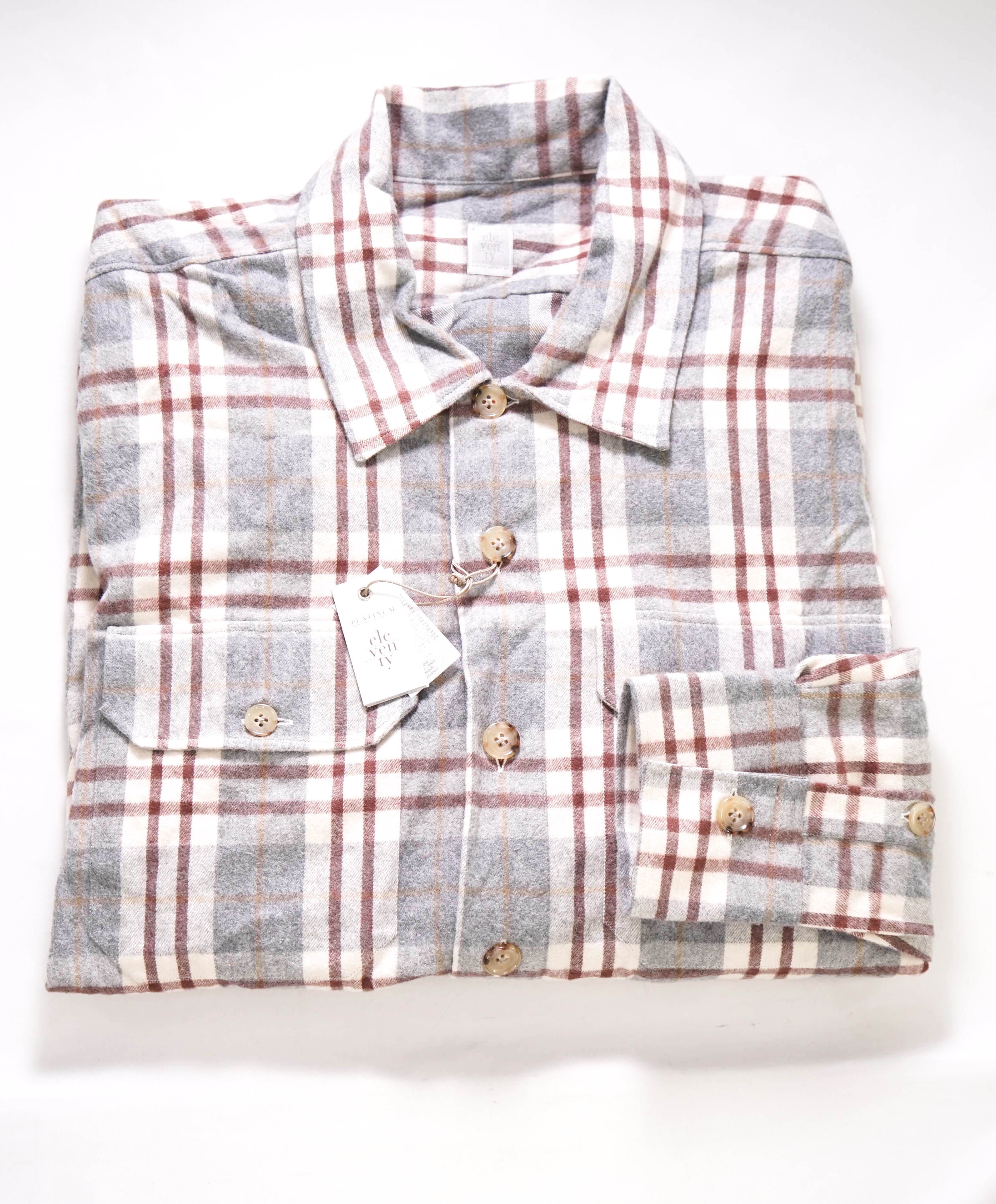 $595 ELEVENTY PLATINUM - FLANNEL Cotton Gray/Burgundy Shirt Jacket Coat - XL