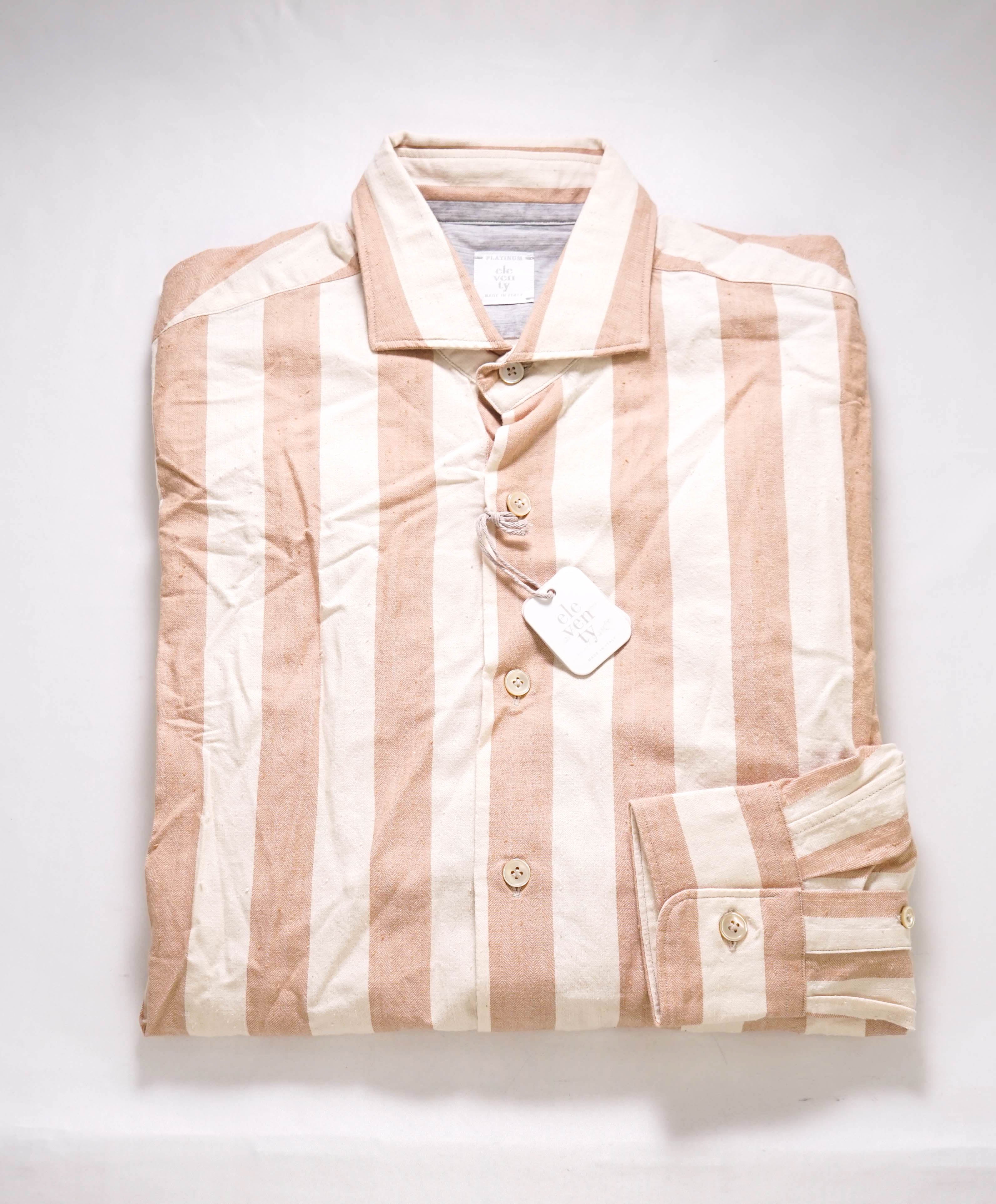 $495 ELEVENTY - Camel/Ivory Cotton Broad Stripe Button Front Shirt - M