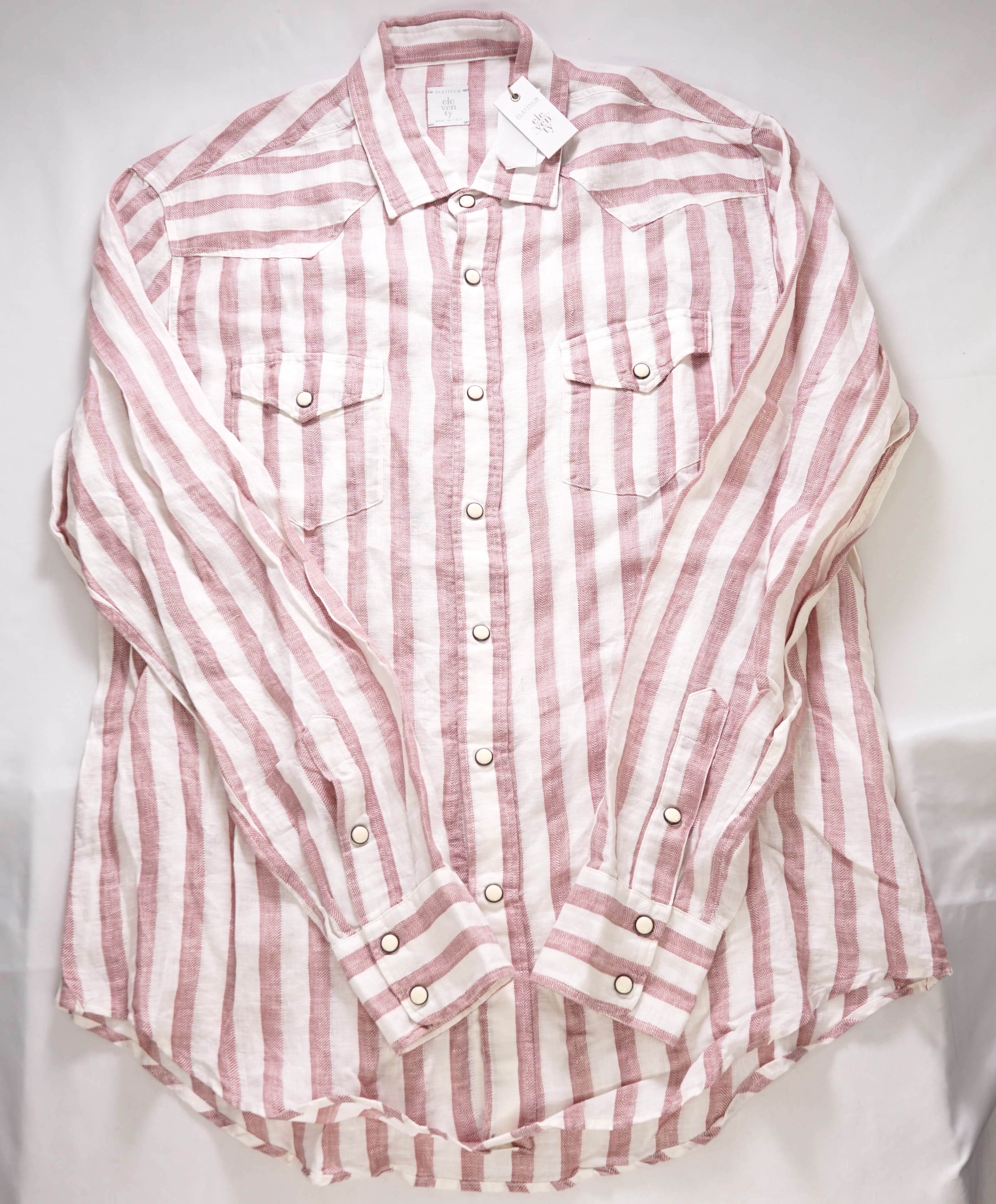 Copy of $395 ELEVENTY - Red/Pink White LINEN Broad Stripe SNAP Front Shirt - L