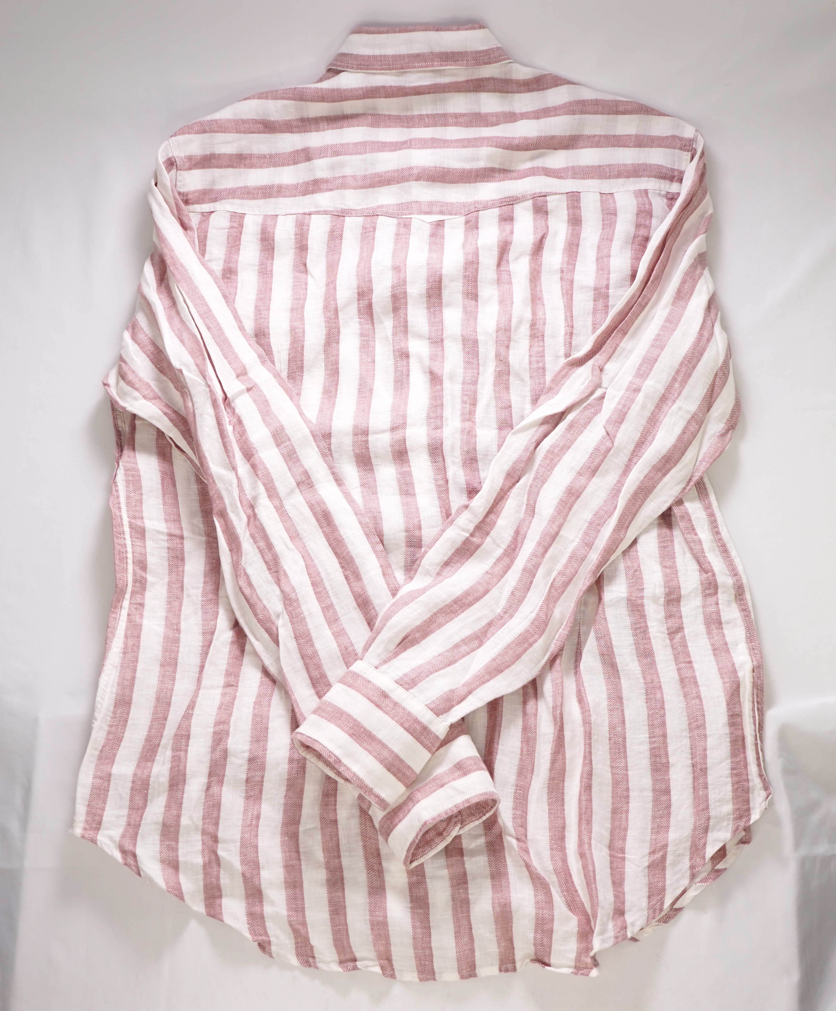 Copy of $395 ELEVENTY - Red/Pink White LINEN Broad Stripe SNAP Front Shirt - L