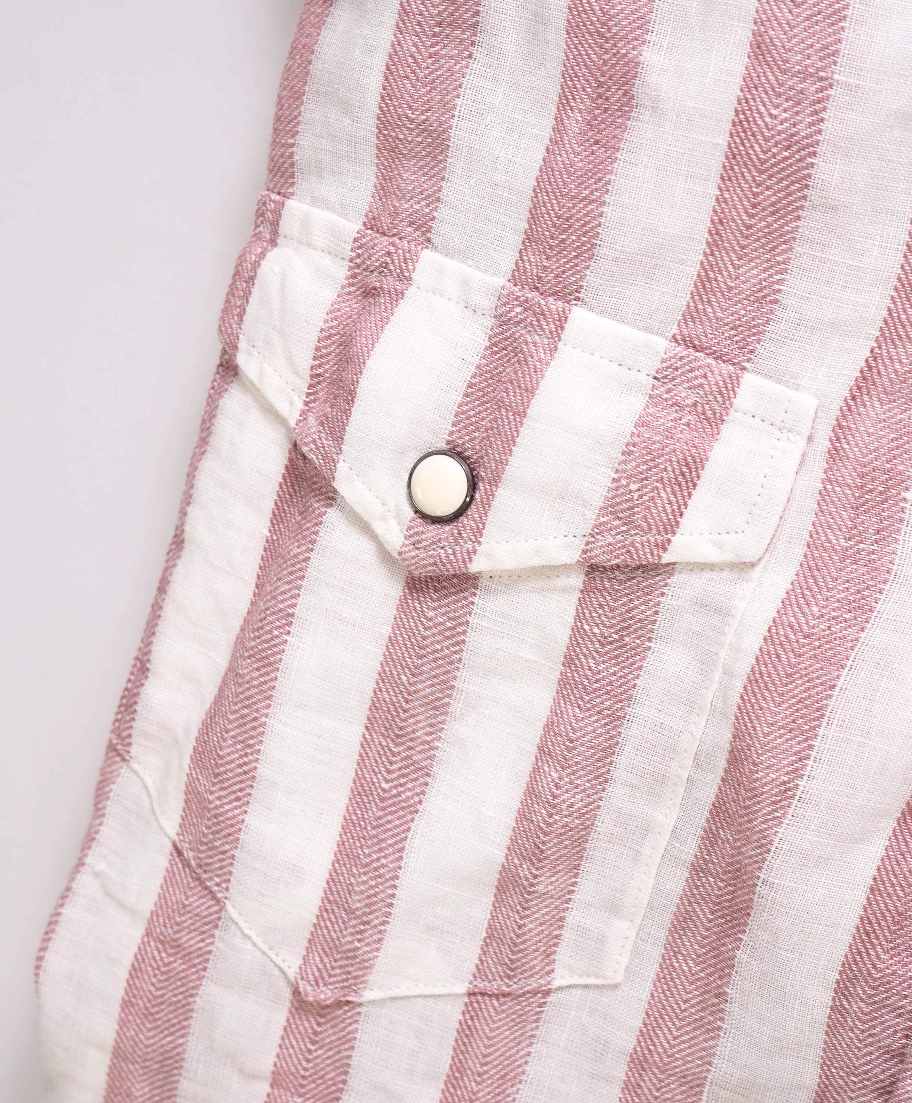 Copy of $395 ELEVENTY - Red/Pink White LINEN Broad Stripe SNAP Front Shirt - L