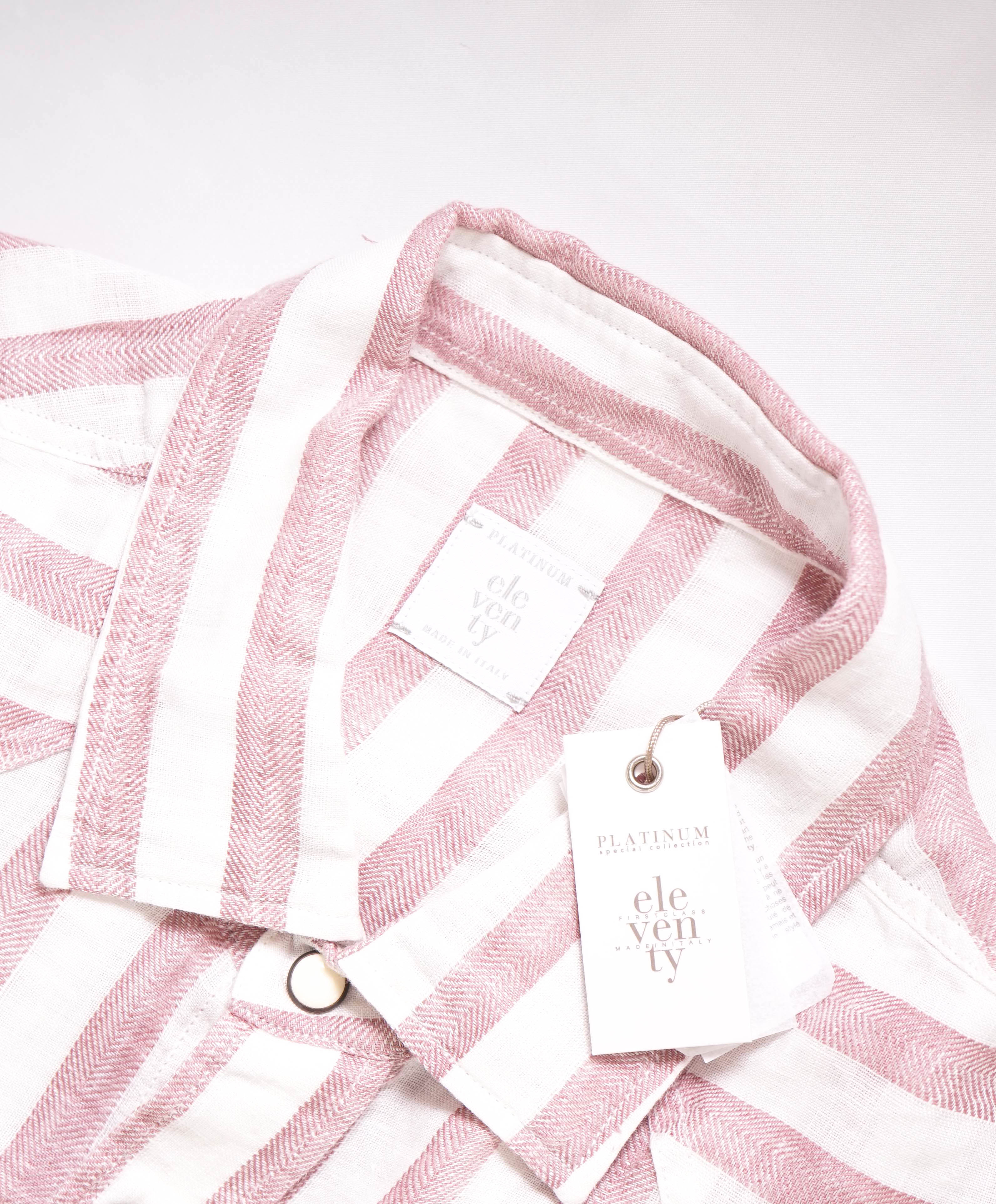 Copy of $395 ELEVENTY - Red/Pink White LINEN Broad Stripe SNAP Front Shirt - L