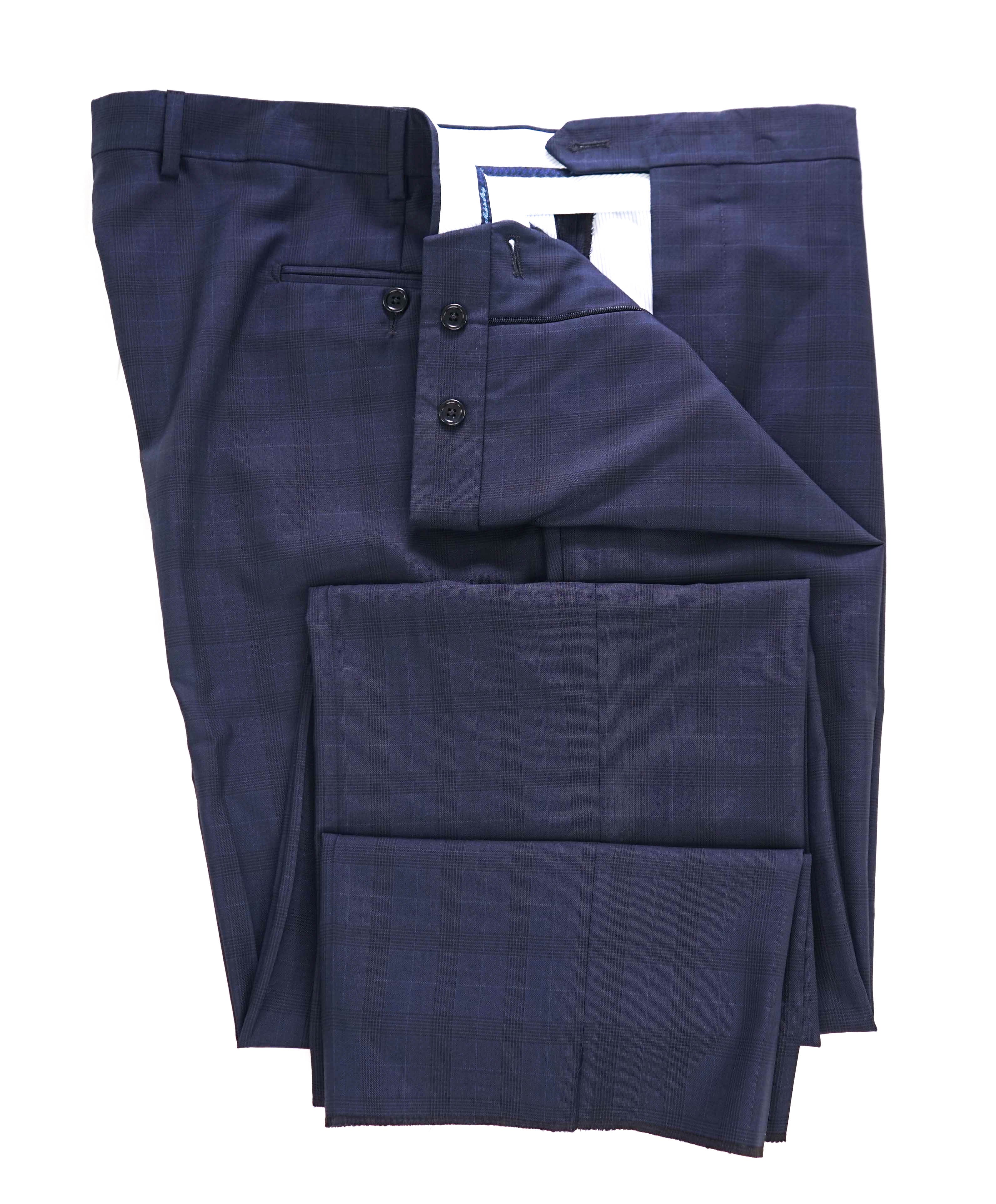 SAKS FIFTH AVE - Navy Check "Classic" Wool MADE IN ITALY Flat Front Dress Pants - 42W