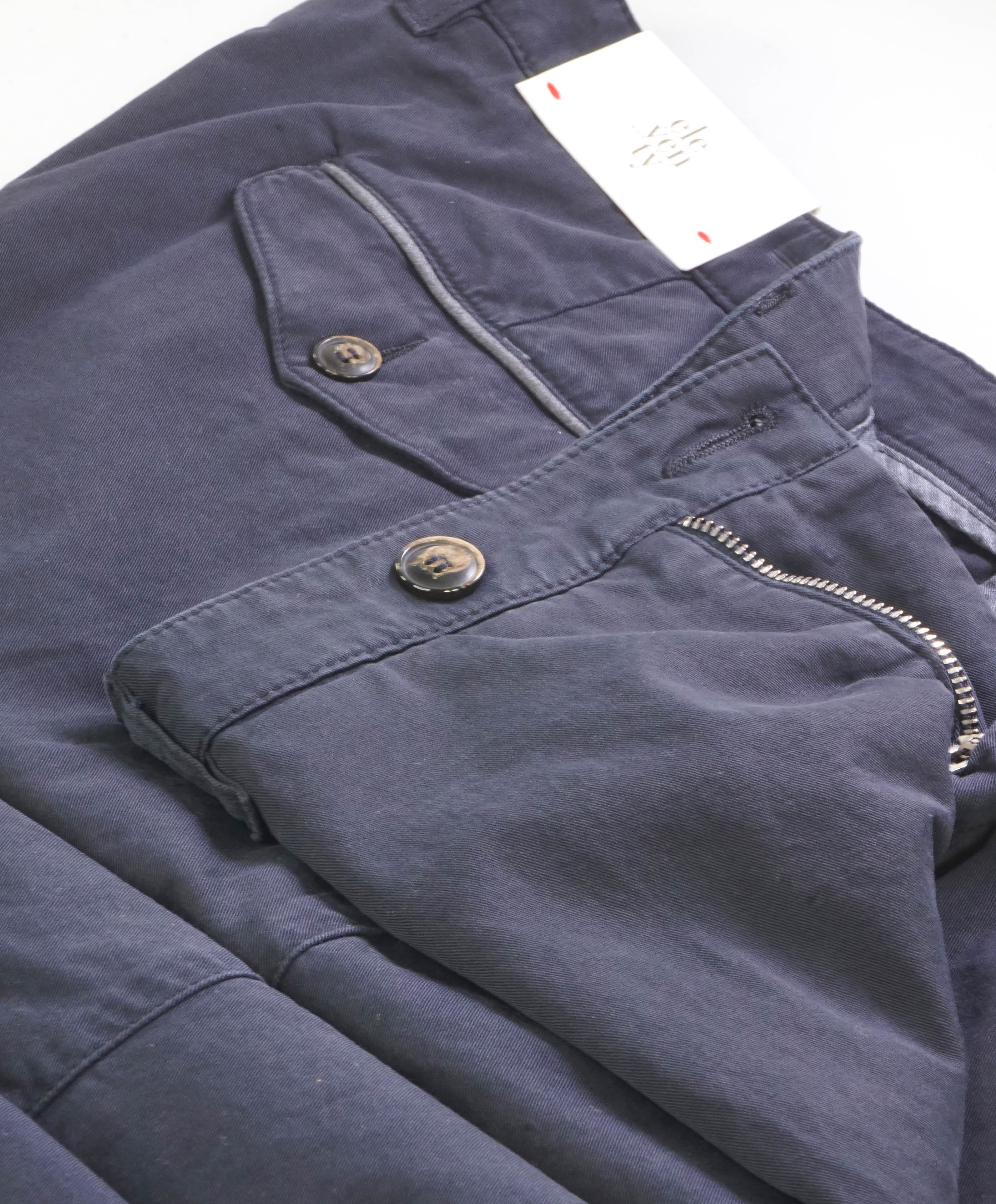 $295 ELEVENTY - Contrast Piping Navy Blue Cotton Chino Pants - 32W