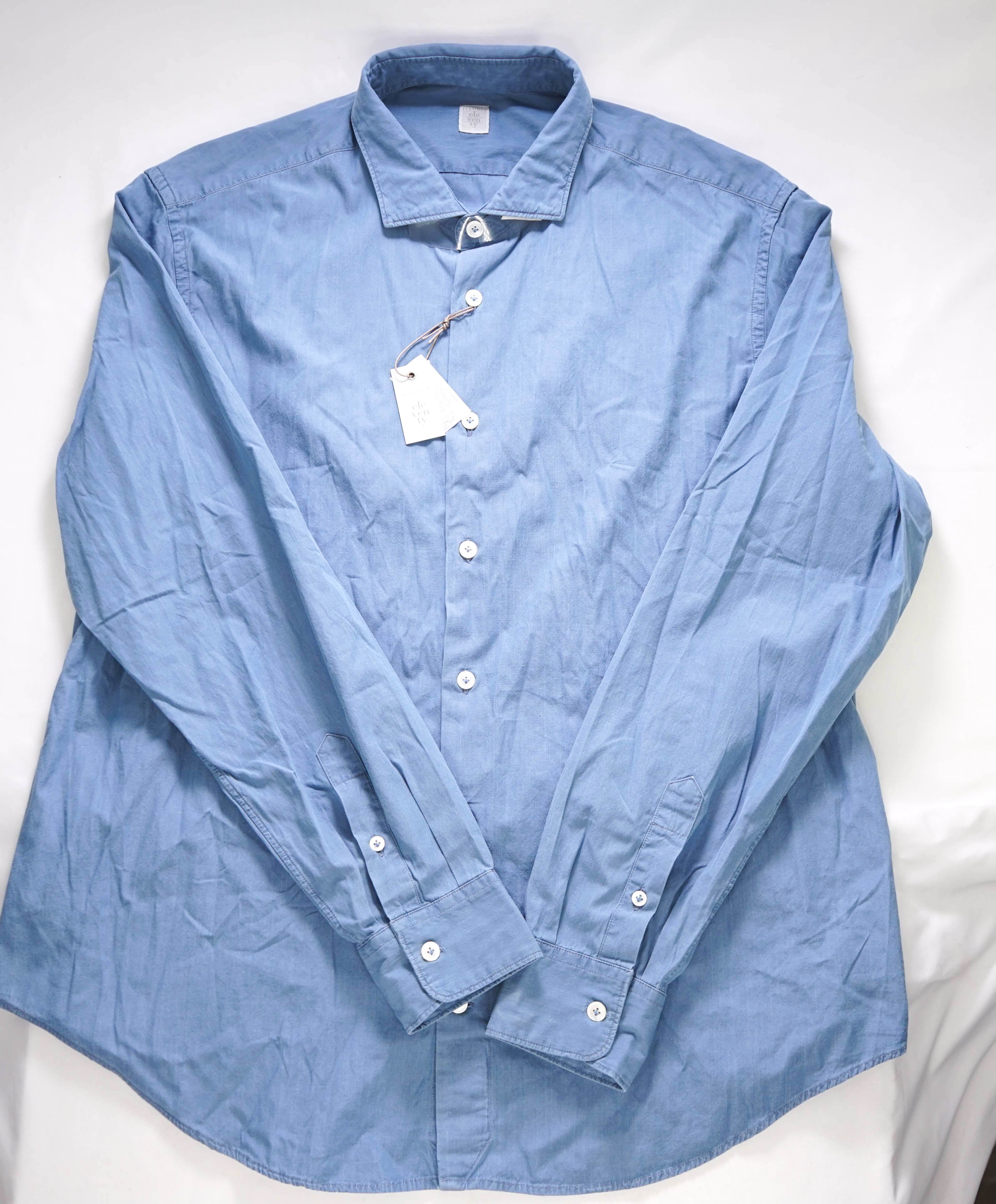 $395 ELEVENTY - *Spread Collar* Slim-Cotton Poplin Blue Dress Shirt - XXL