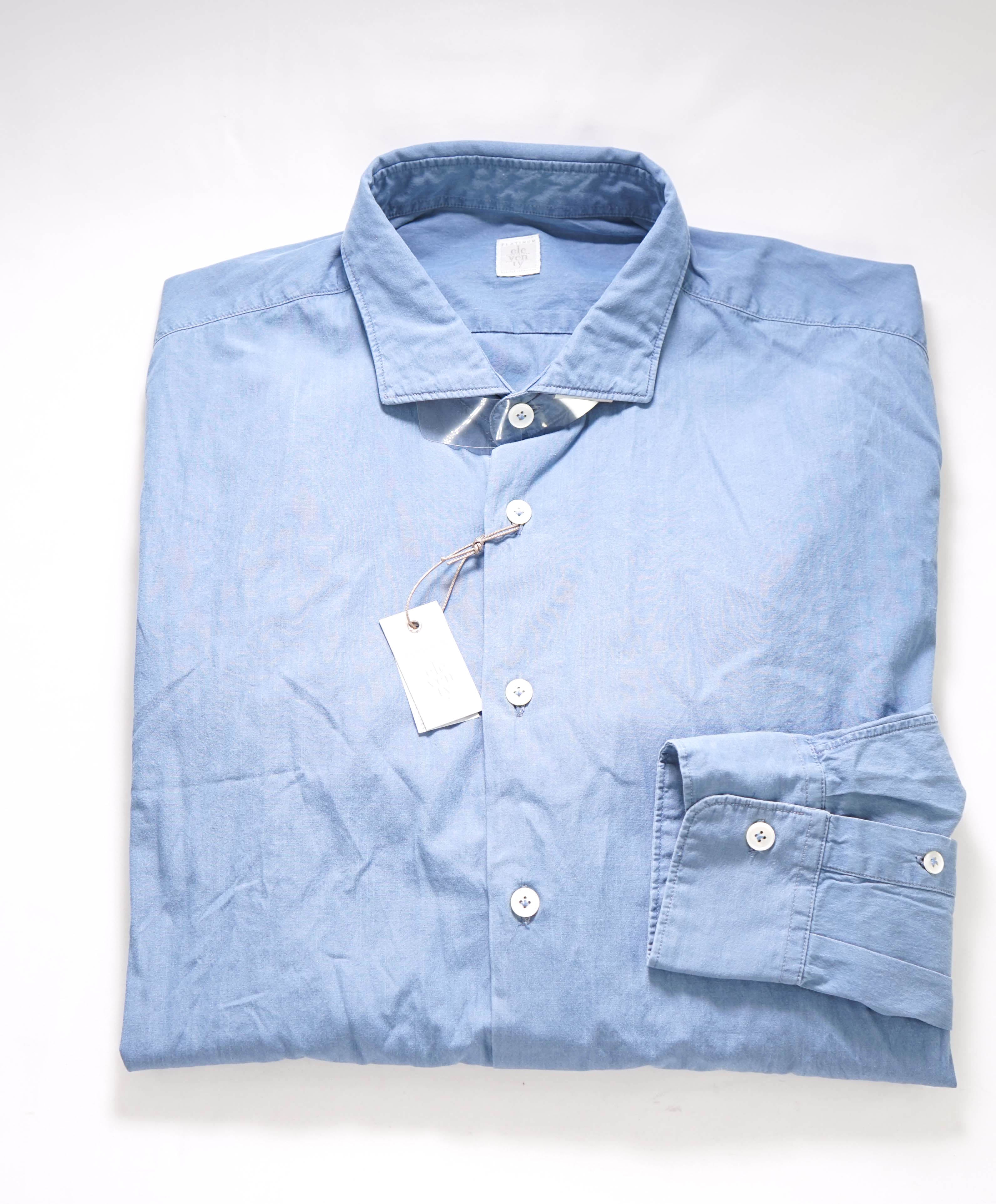 $395 ELEVENTY - *Spread Collar* Slim-Cotton Poplin Blue Dress Shirt - XXL