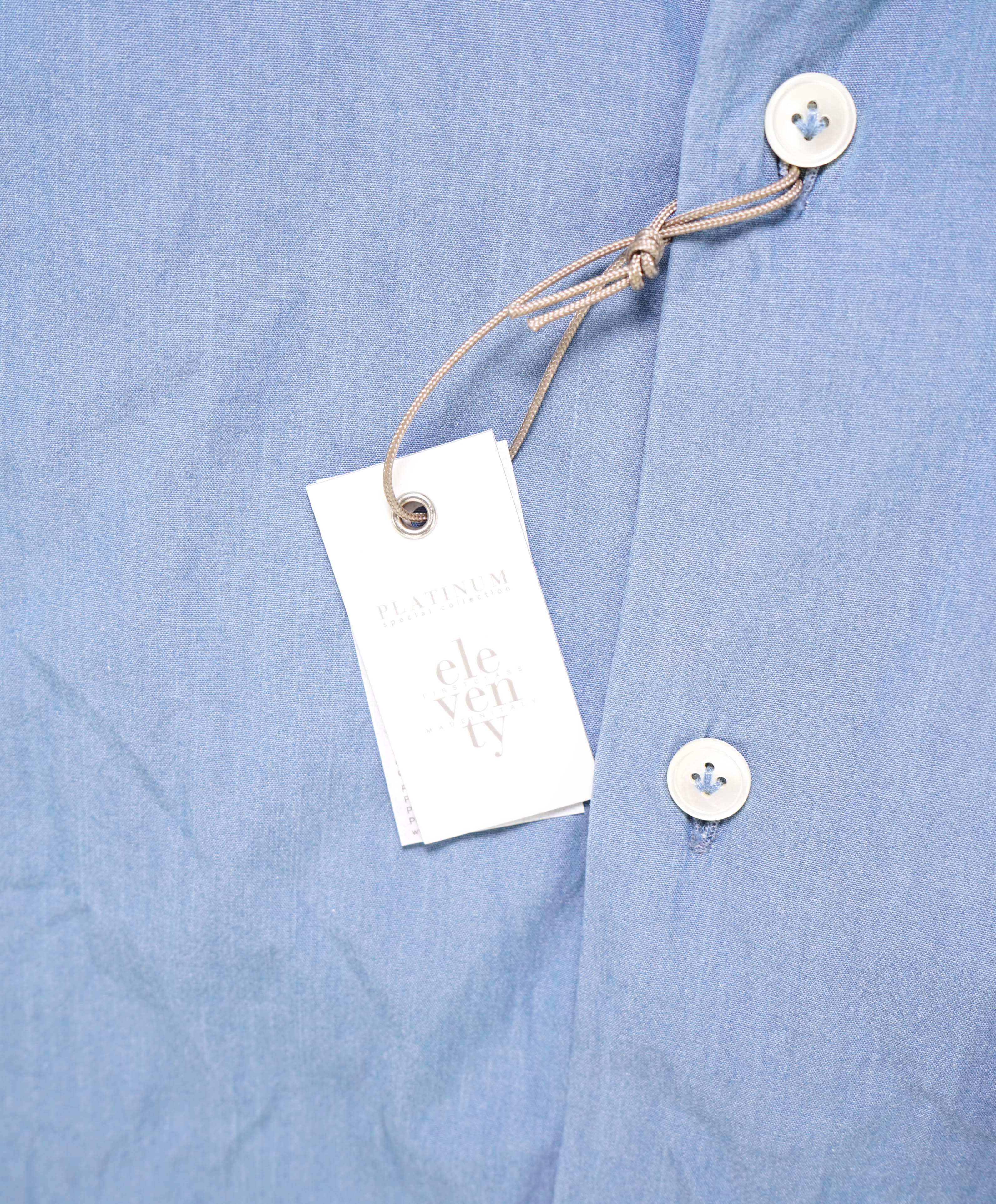 $395 ELEVENTY - *Spread Collar* Slim-Cotton Poplin Blue Dress Shirt - XXL