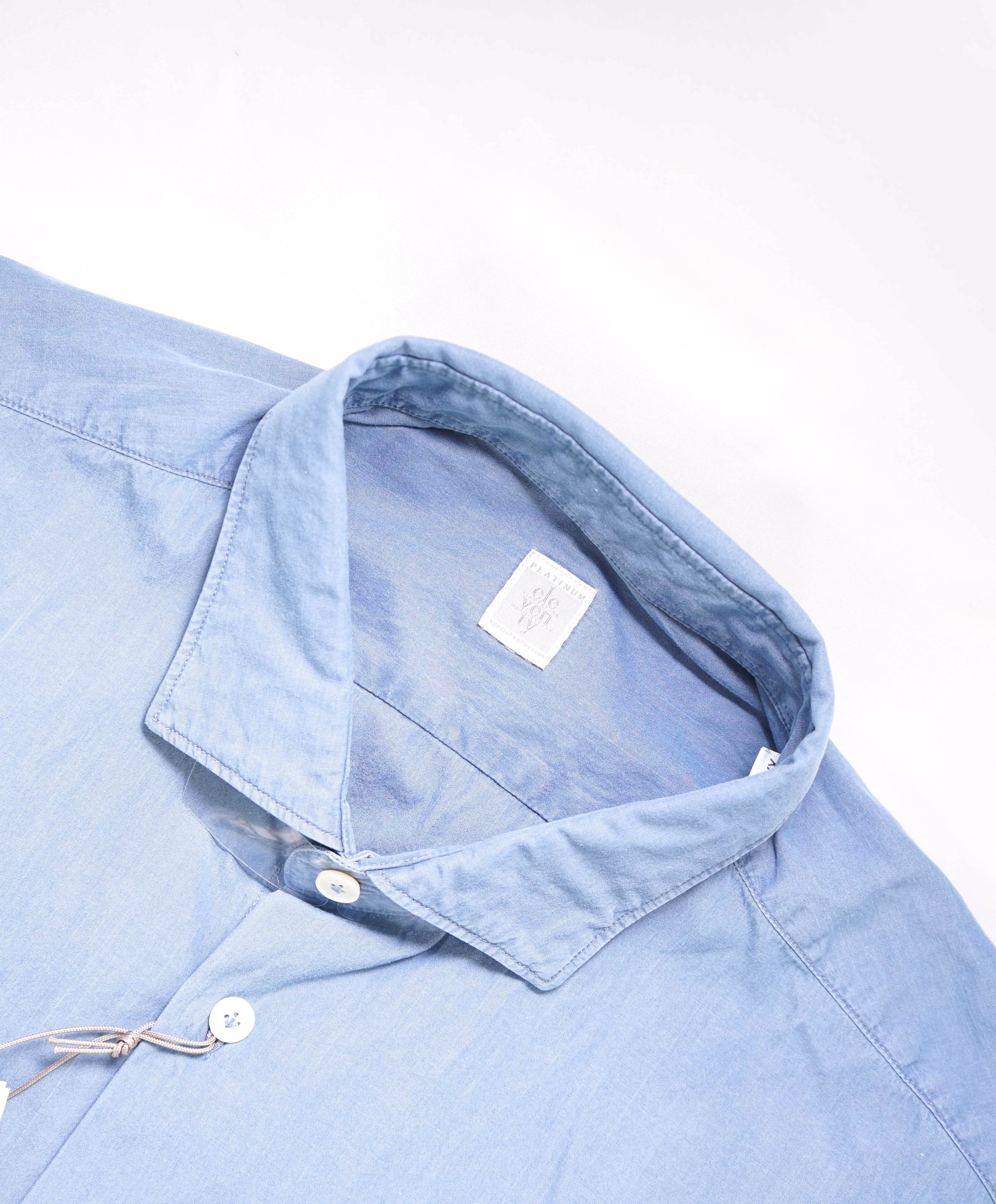 $395 ELEVENTY - *Spread Collar* Slim-Cotton Poplin Blue Dress Shirt - XXL