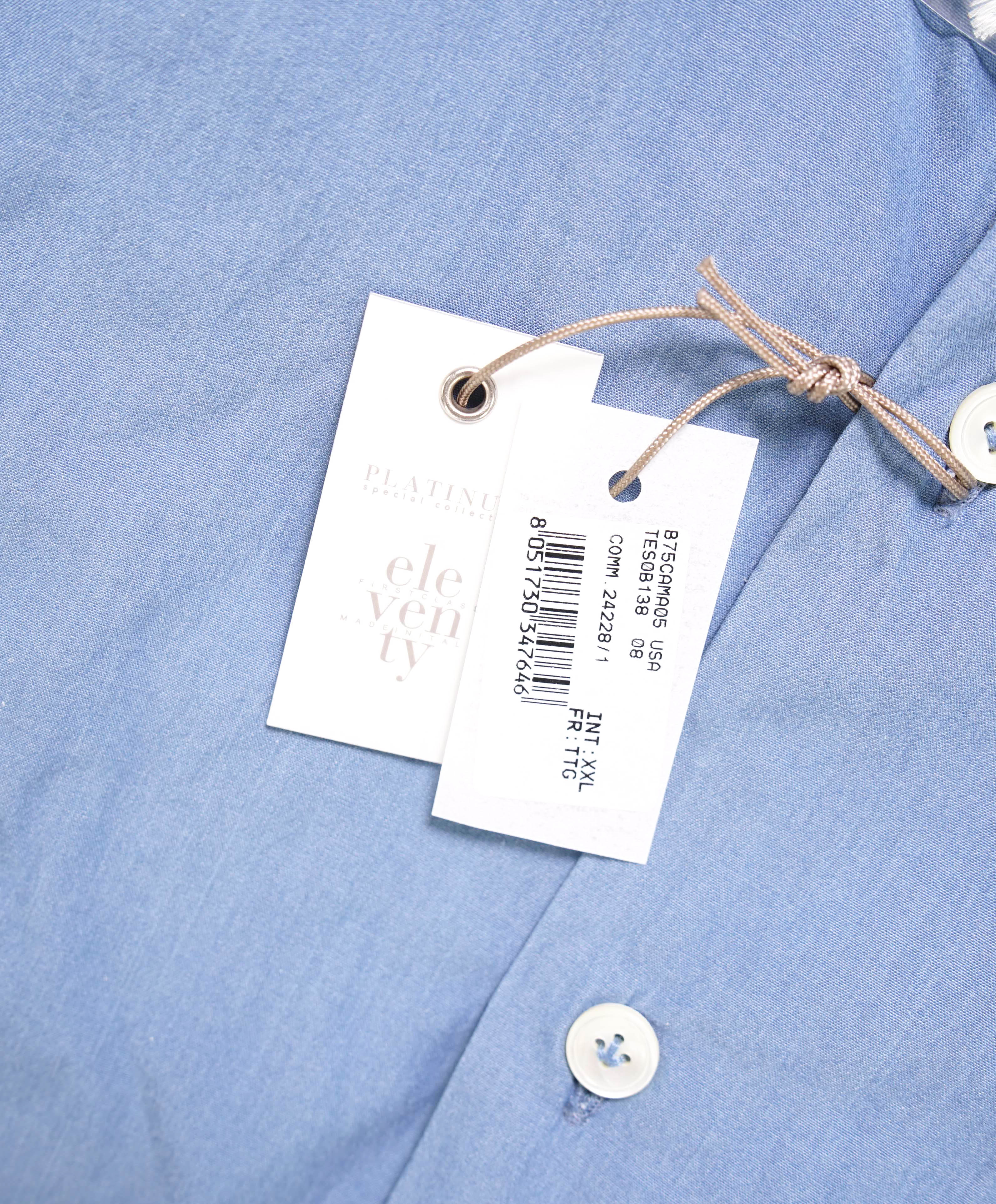 $395 ELEVENTY - *Spread Collar* Slim-Cotton Poplin Blue Dress Shirt - XXL