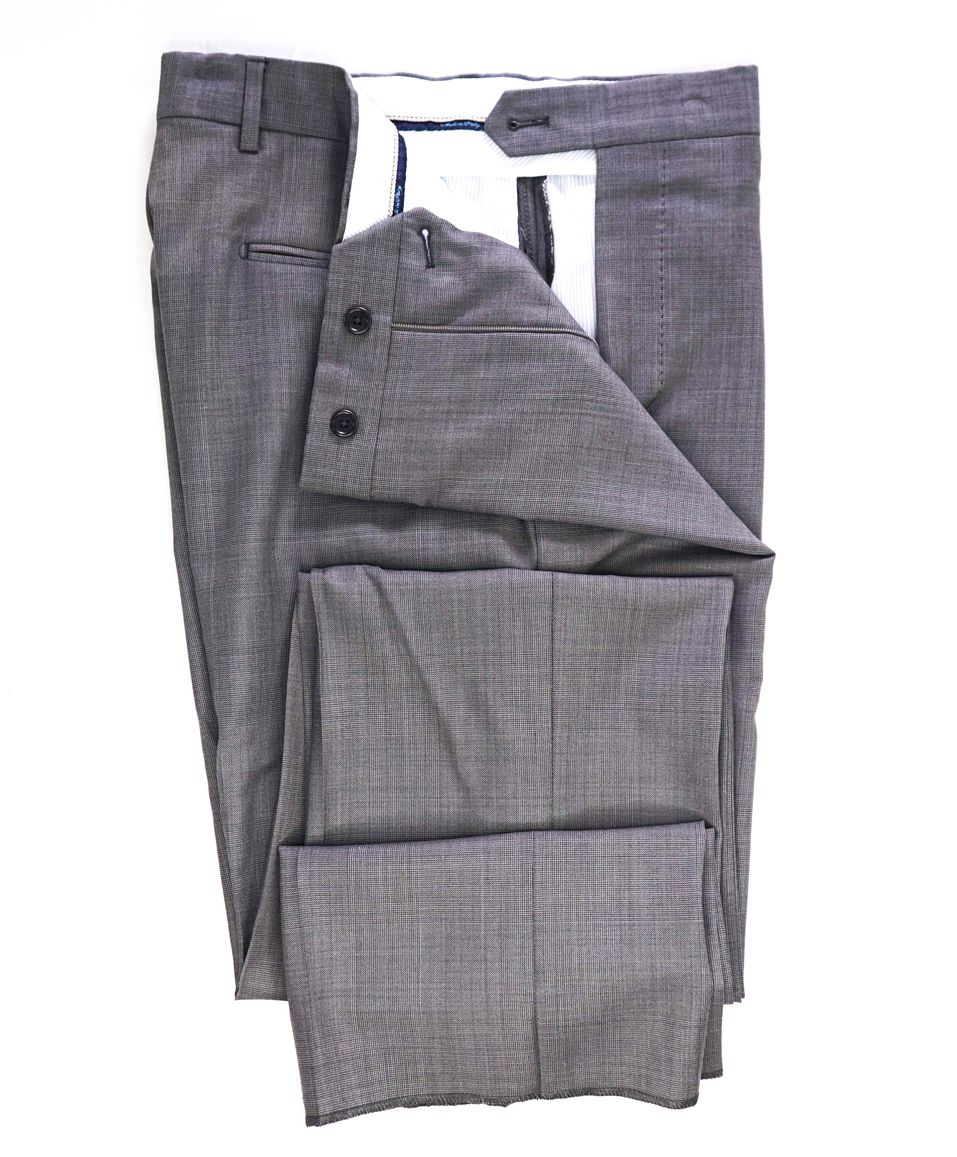 SAKS FIFTH AVE - Gray Check "Classic" Wool MADE IN ITALY Flat Front Dress Pants - 32W