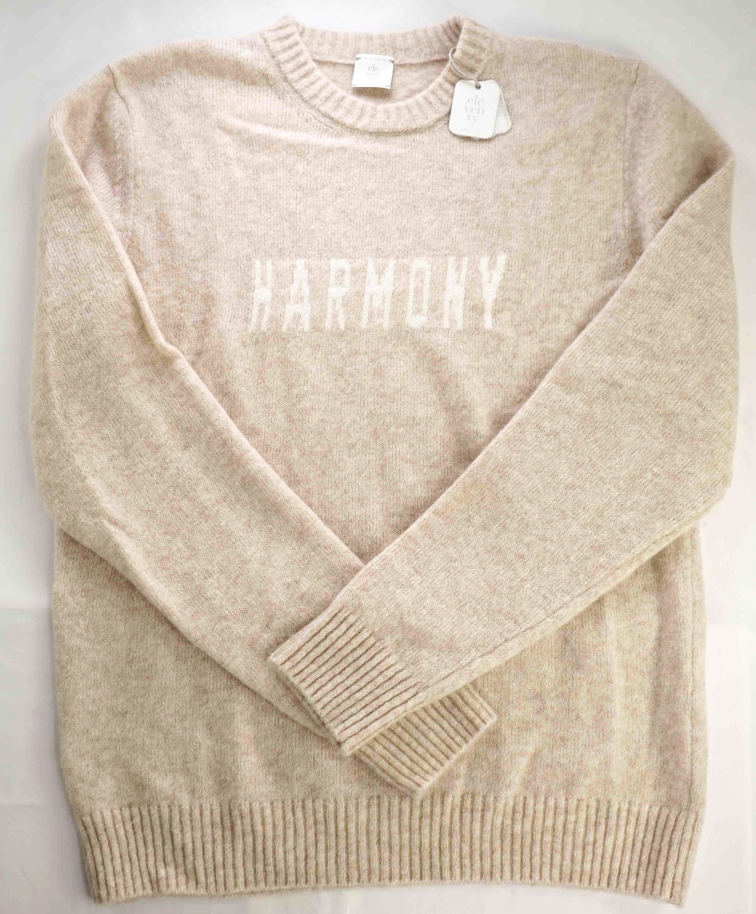 $1,095 ELEVENTY - CASHMERE & SILK Neutral Text Crewneck Sweater - M